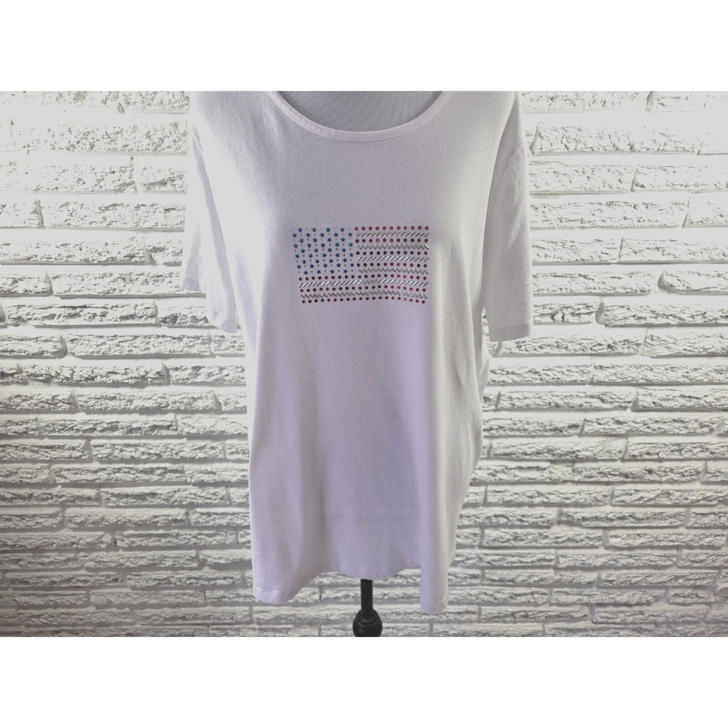 Fourth of July Coral Bay Women Top 1X Plus Tee Patriotic Casual Rhinestones Flag