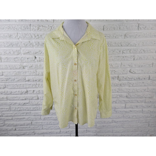 Chico's Women's XL Lime Green Geometric 100% Cotton Button-Up Shirt Collared