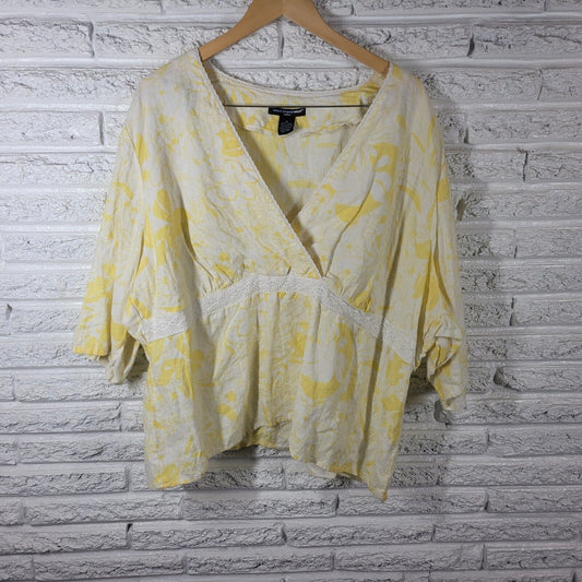 St Tropez West Women Top 3X 3/4 Sleeve Yellow Floral Linen Lightweight Lace Trim