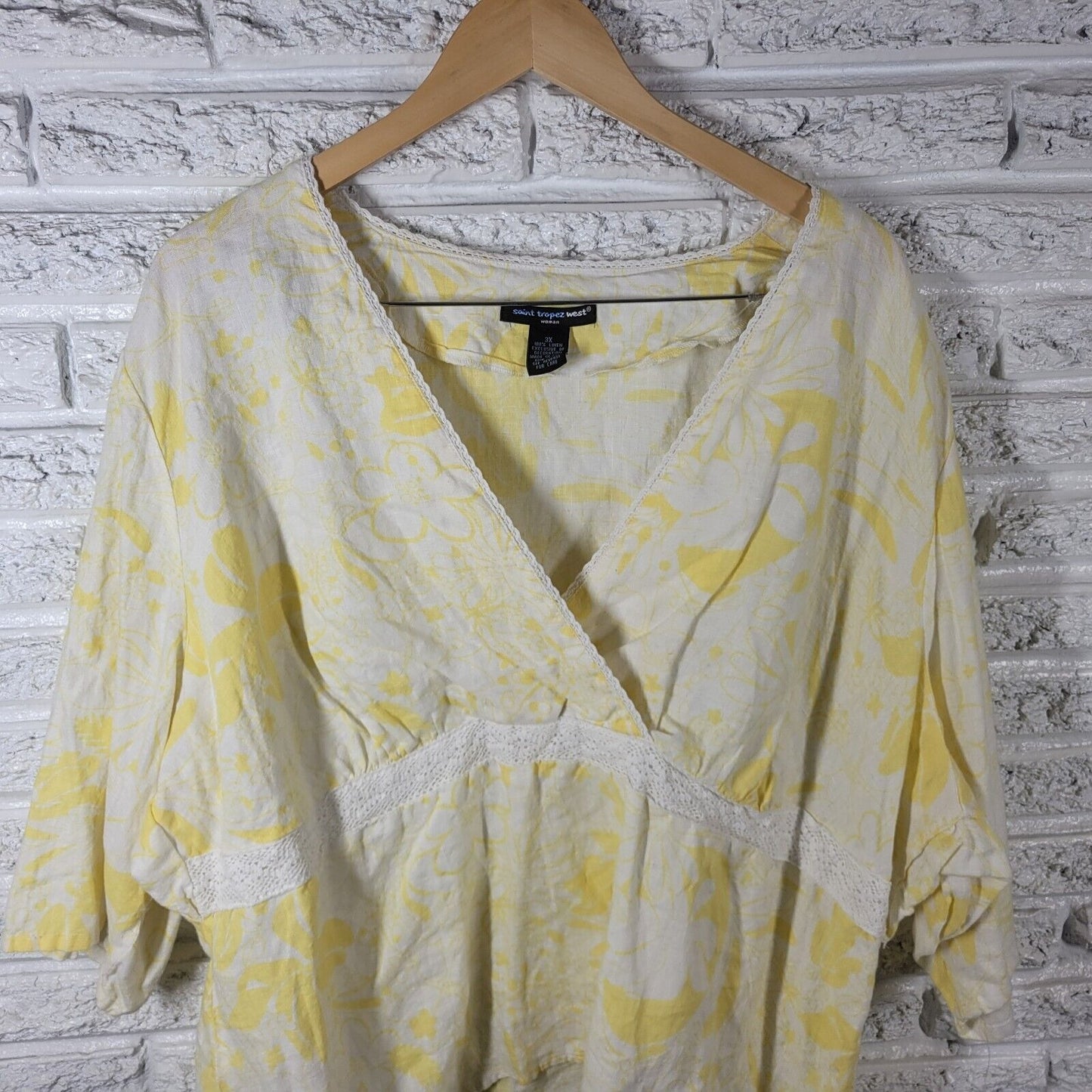 St Tropez West Women Top 3X 3/4 Sleeve Yellow Floral Linen Lightweight Lace Trim