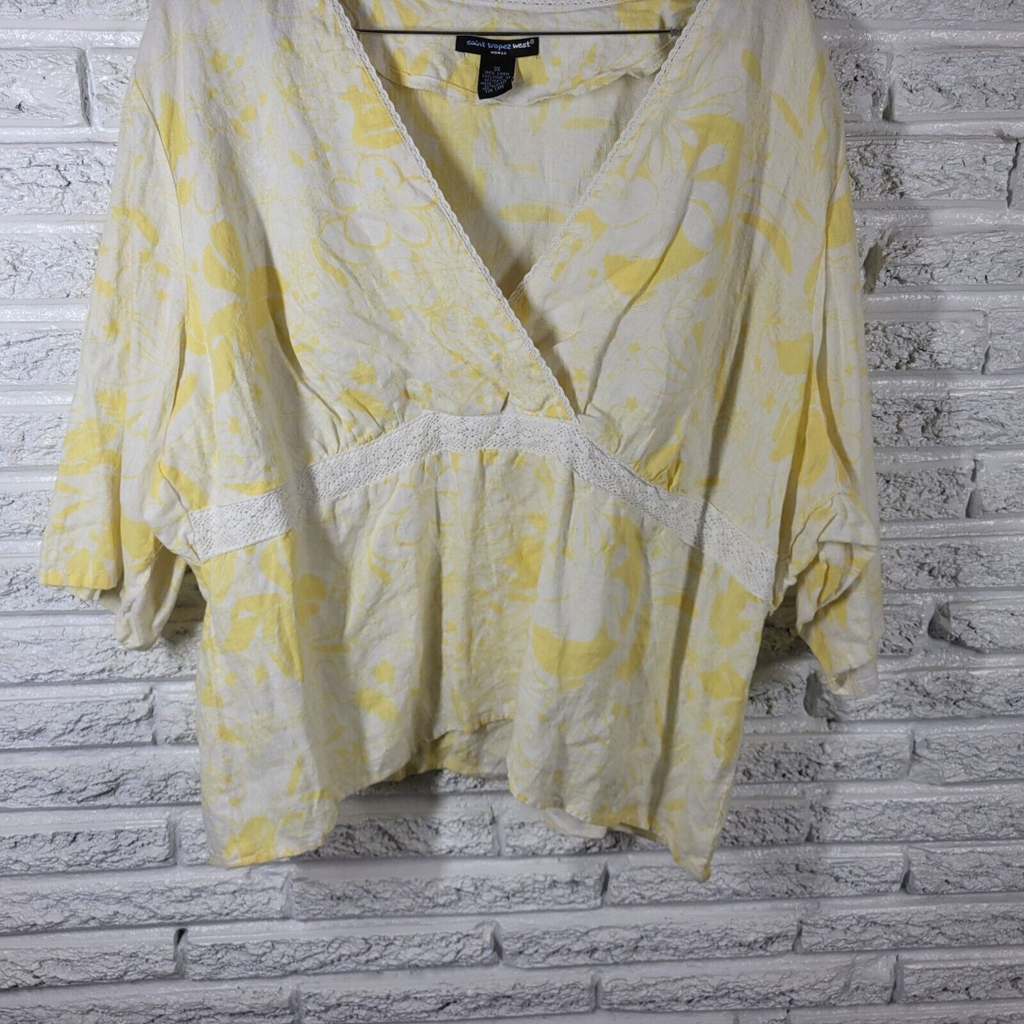 St Tropez West Women Top 3X 3/4 Sleeve Yellow Floral Linen Lightweight Lace Trim