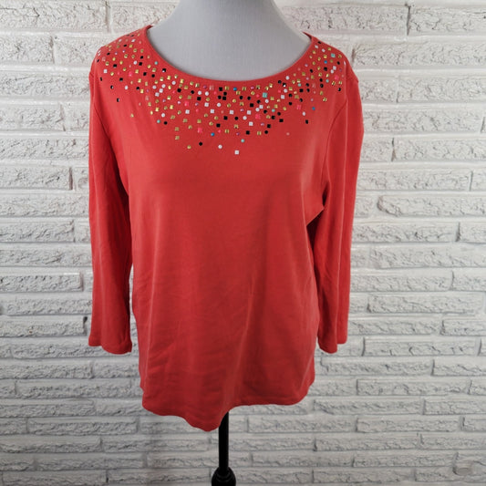 Rafaella Womens Top XL 3/4 Sleeve Red Orange Knit Cotton Studded Casual Comfy