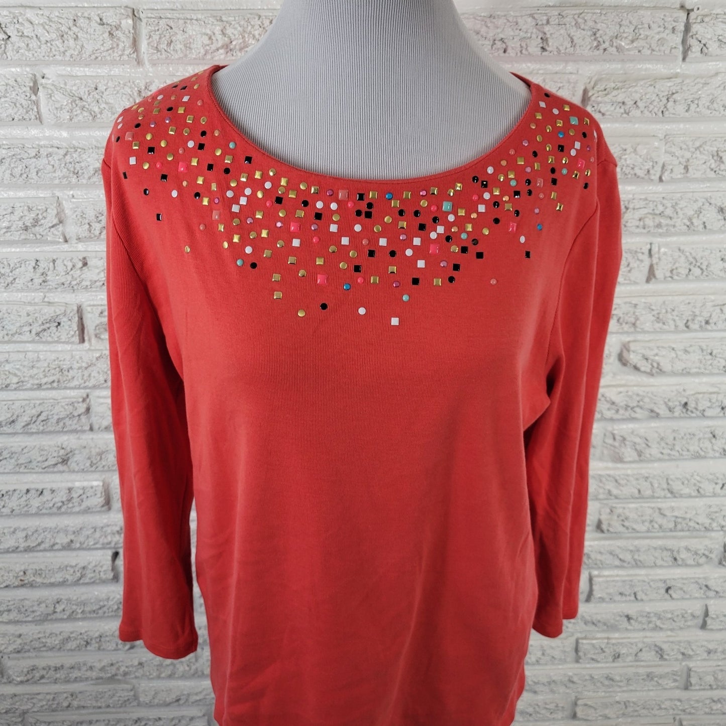 Rafaella Womens Top XL 3/4 Sleeve Red Orange Knit Cotton Studded Casual Comfy