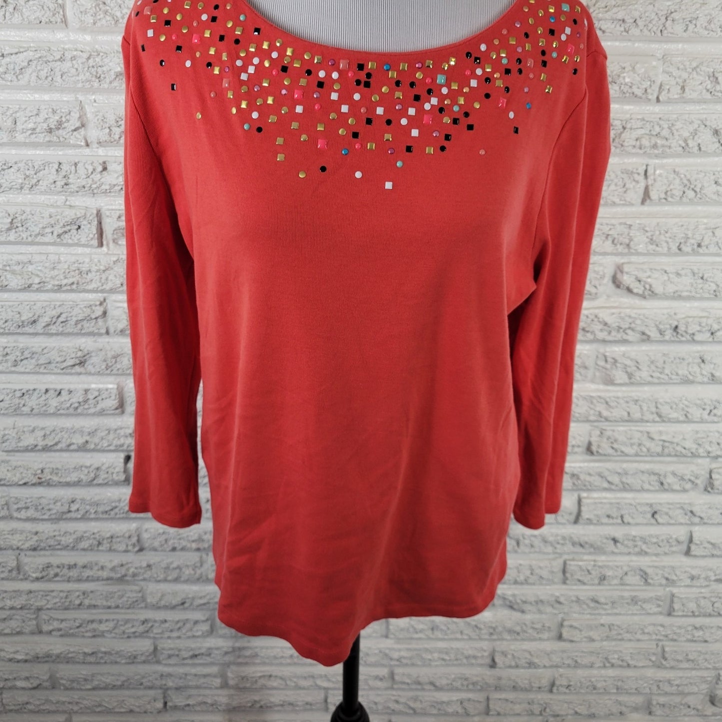 Rafaella Womens Top XL 3/4 Sleeve Red Orange Knit Cotton Studded Casual Comfy