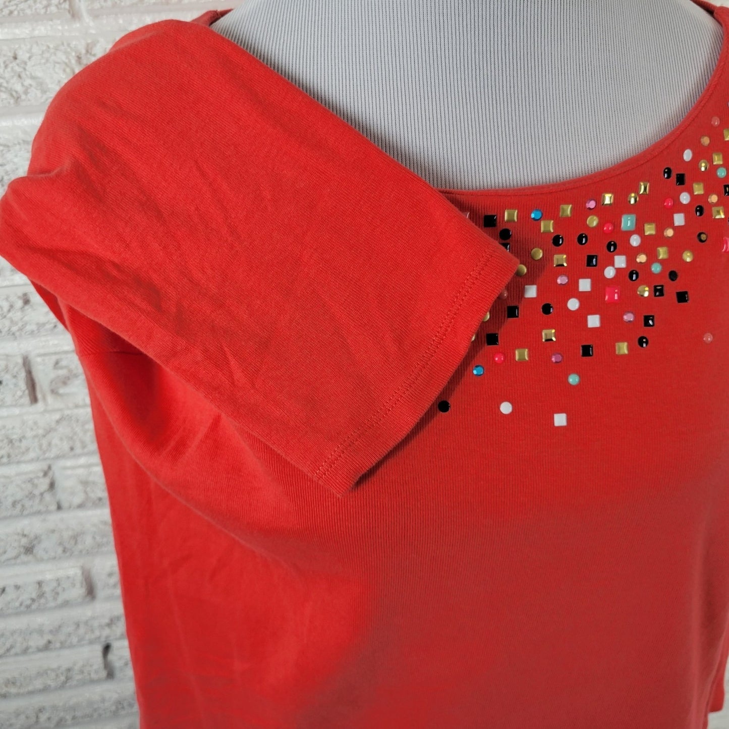 Rafaella Womens Top XL 3/4 Sleeve Red Orange Knit Cotton Studded Casual Comfy