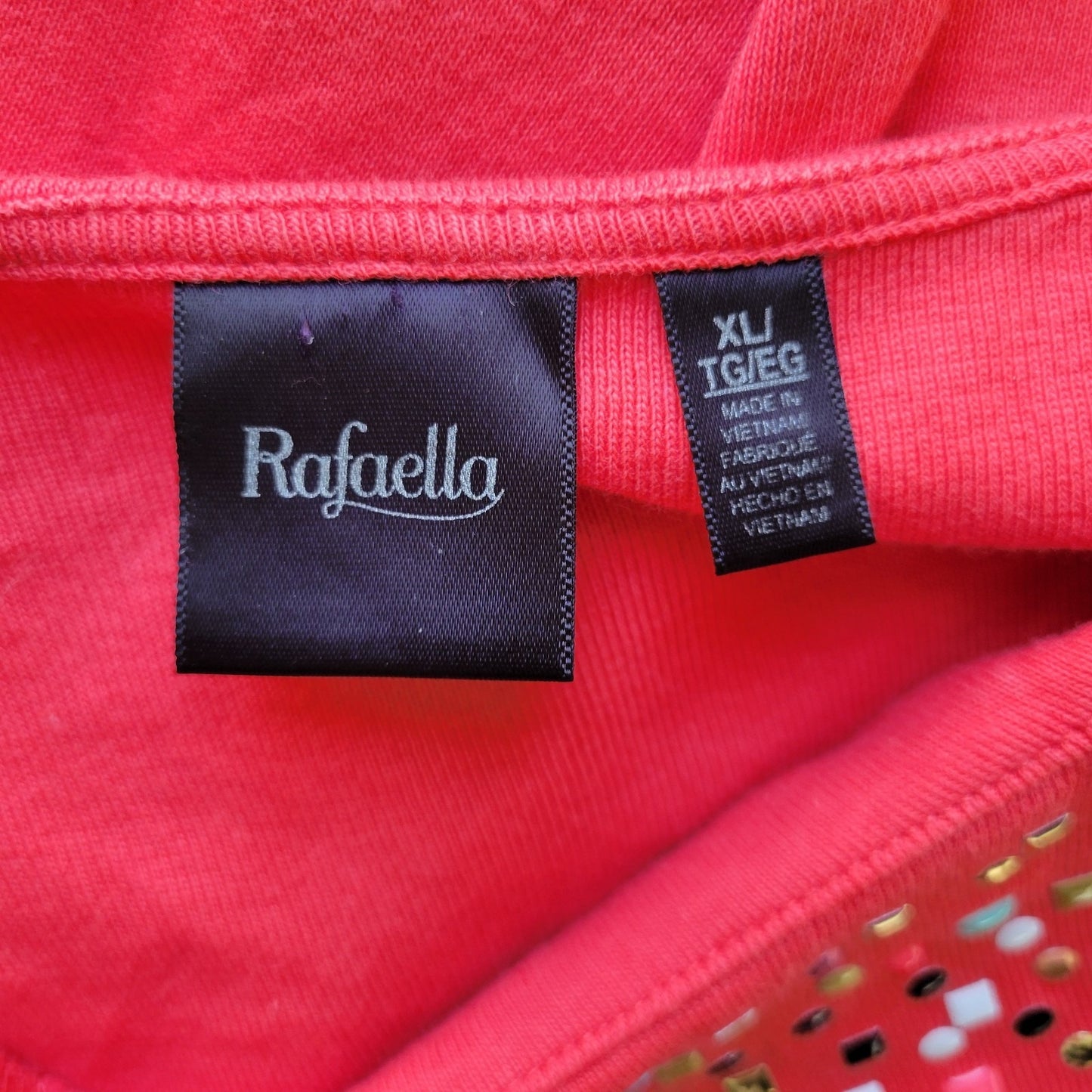 Rafaella Womens Top XL 3/4 Sleeve Red Orange Knit Cotton Studded Casual Comfy