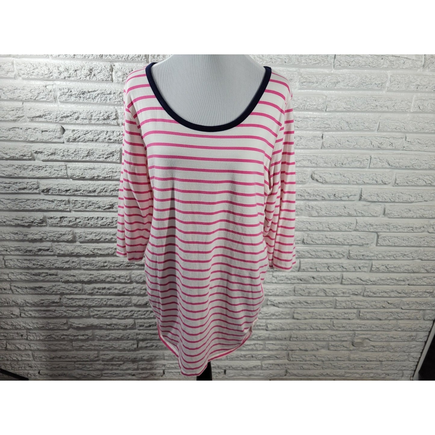 Motherhood Maternity Women Top 2X Plus Tee 3/4 Sleeve Cotton Blend Pink Stripe