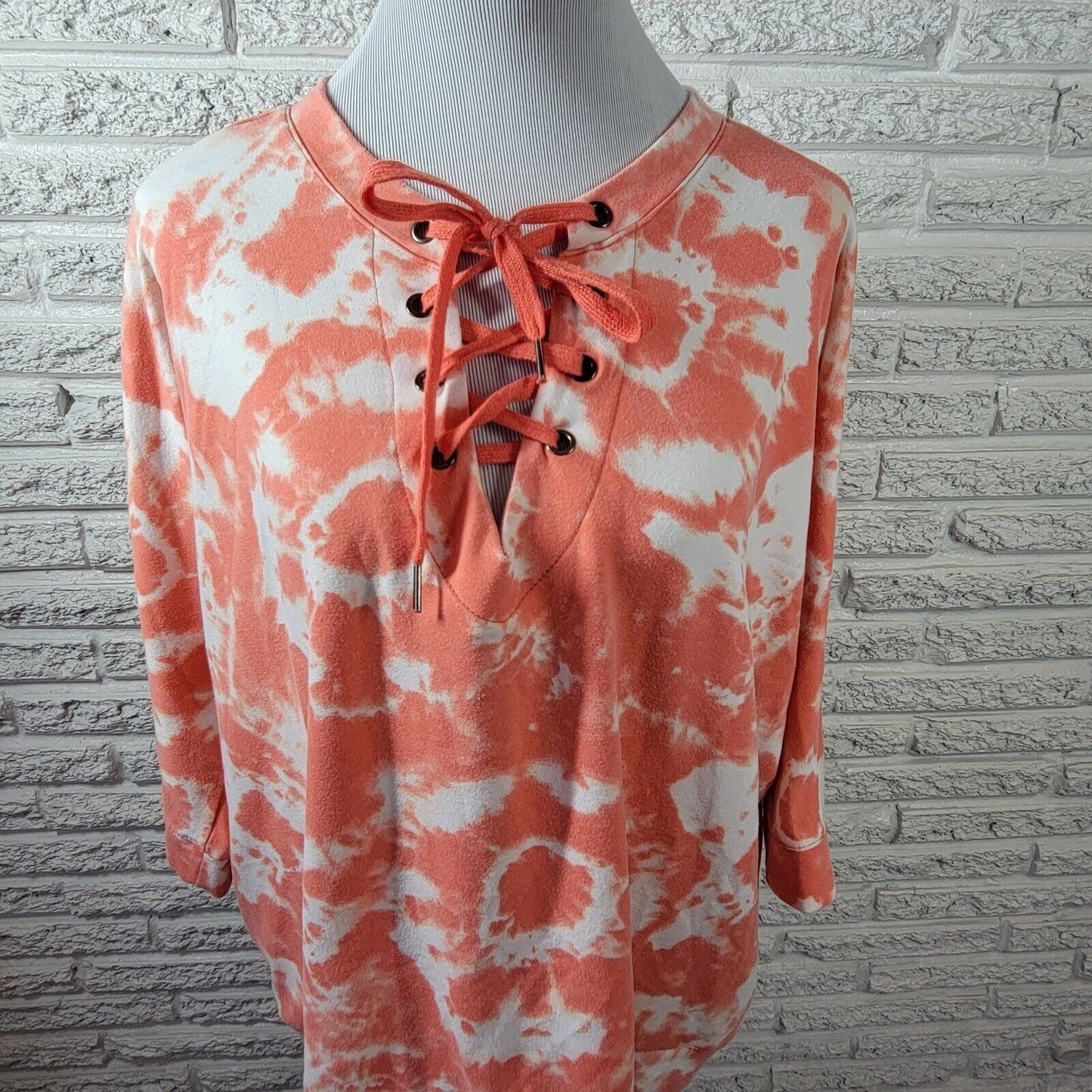 Sweatshirt Project Womens 2X 3/4 Sleeve Orange Tie Dye Lace Up Comfy Casual