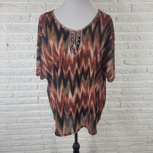 Notations Womens Top 2X Plus Short Sleeve Earth Tones Watercolor Studded Comfy