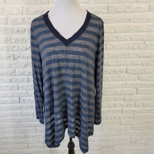 Lane Bryant Womens Top 18 20 Long Sleeve Blue Gray Stripe Semi Sheer Lightweight