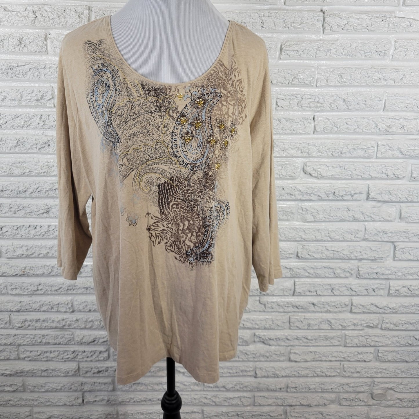Laura Scott Womens Top 3X Plus 3/4 Sleeve Beige Tan Paisley Cotton Blend Studded