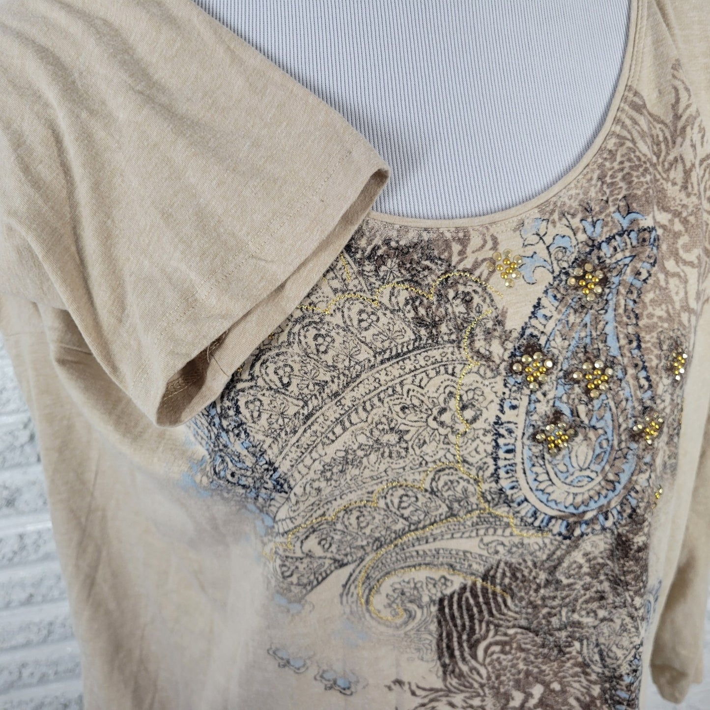 Laura Scott Womens Top 3X Plus 3/4 Sleeve Beige Tan Paisley Cotton Blend Studded