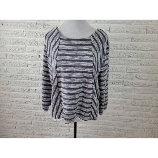 Chicos Womens Top 3 Standard Extra Large Gray Stripe Casual Poly Blend Fringe