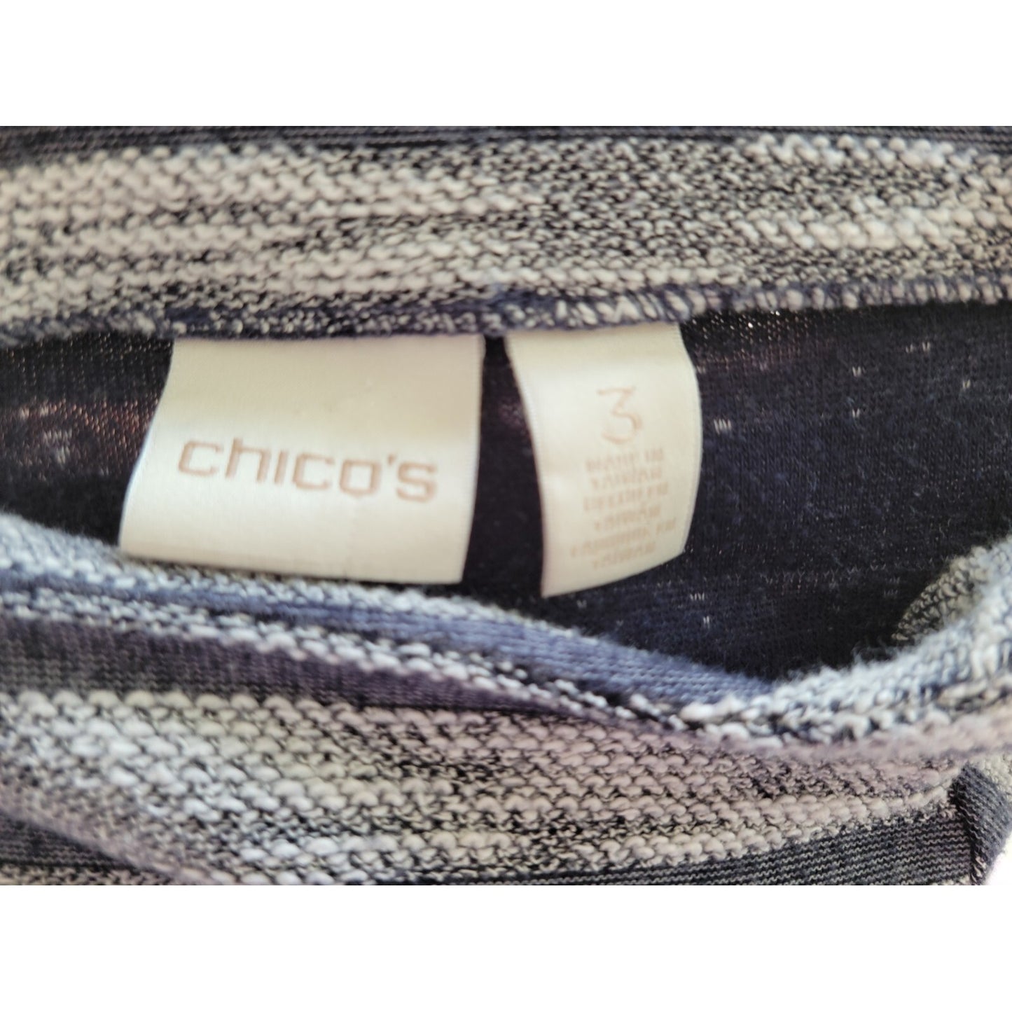 Chicos Womens Top 3 Standard Extra Large Gray Stripe Casual Poly Blend Fringe