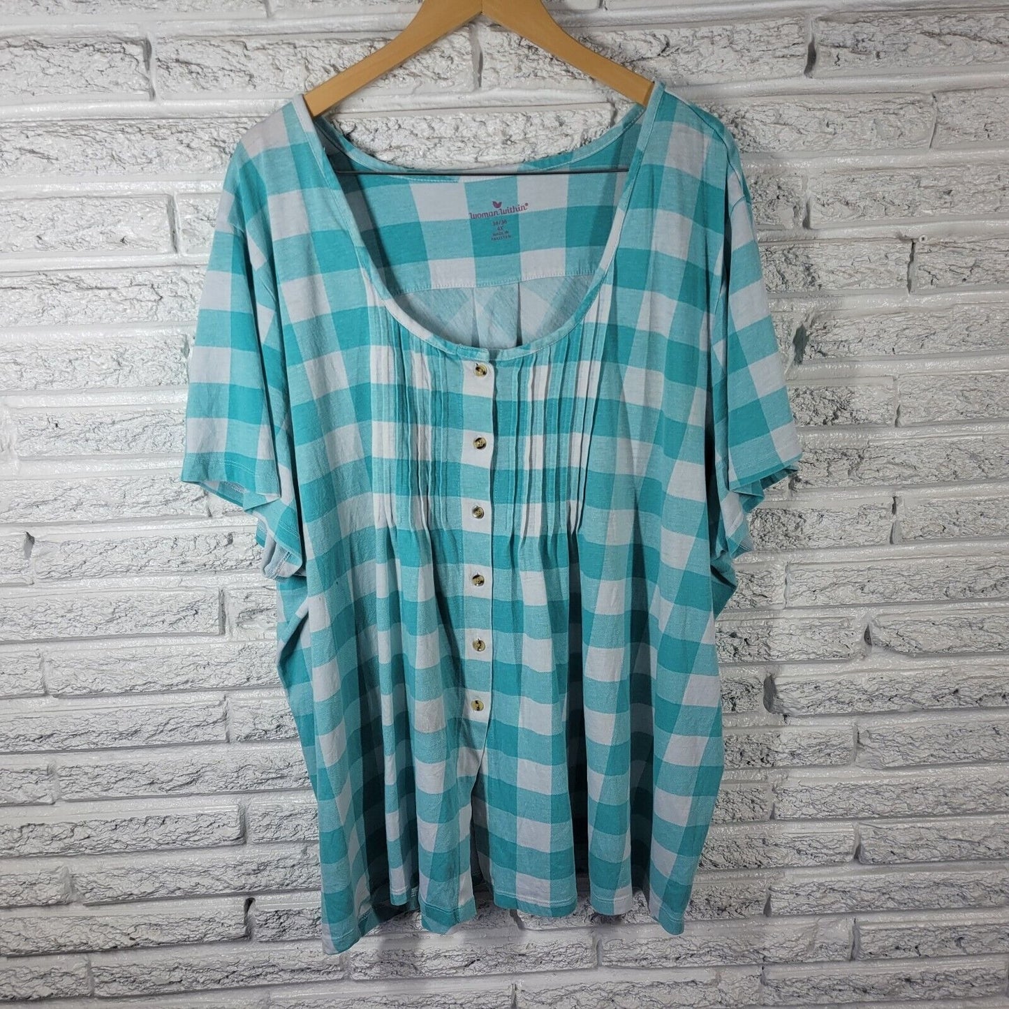 Woman Within Womens Top 4X Short Sleeve Blue Plaid Pintuck Cotton Blend Button