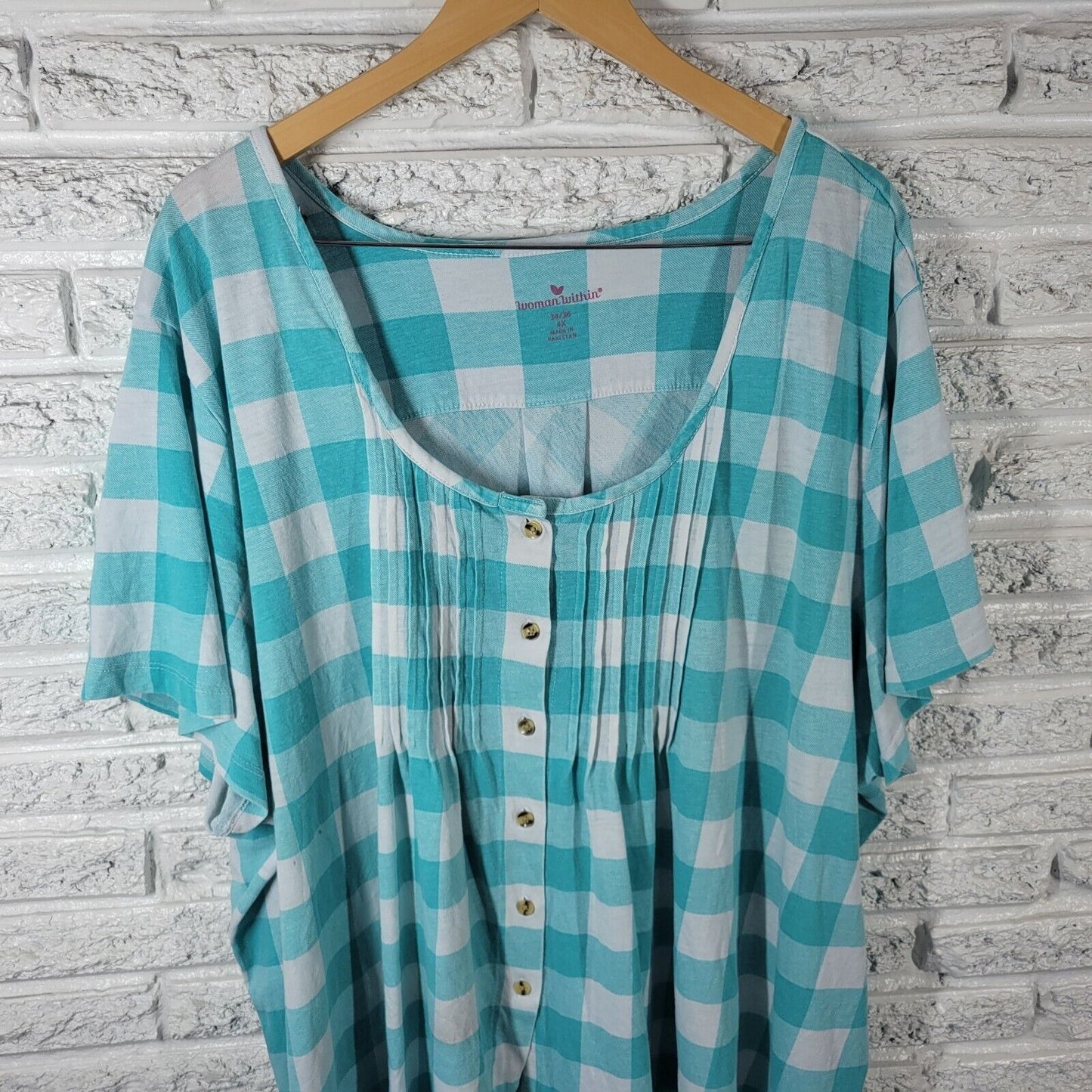 Woman Within Womens Top 4X Short Sleeve Blue Plaid Pintuck Cotton Blend Button