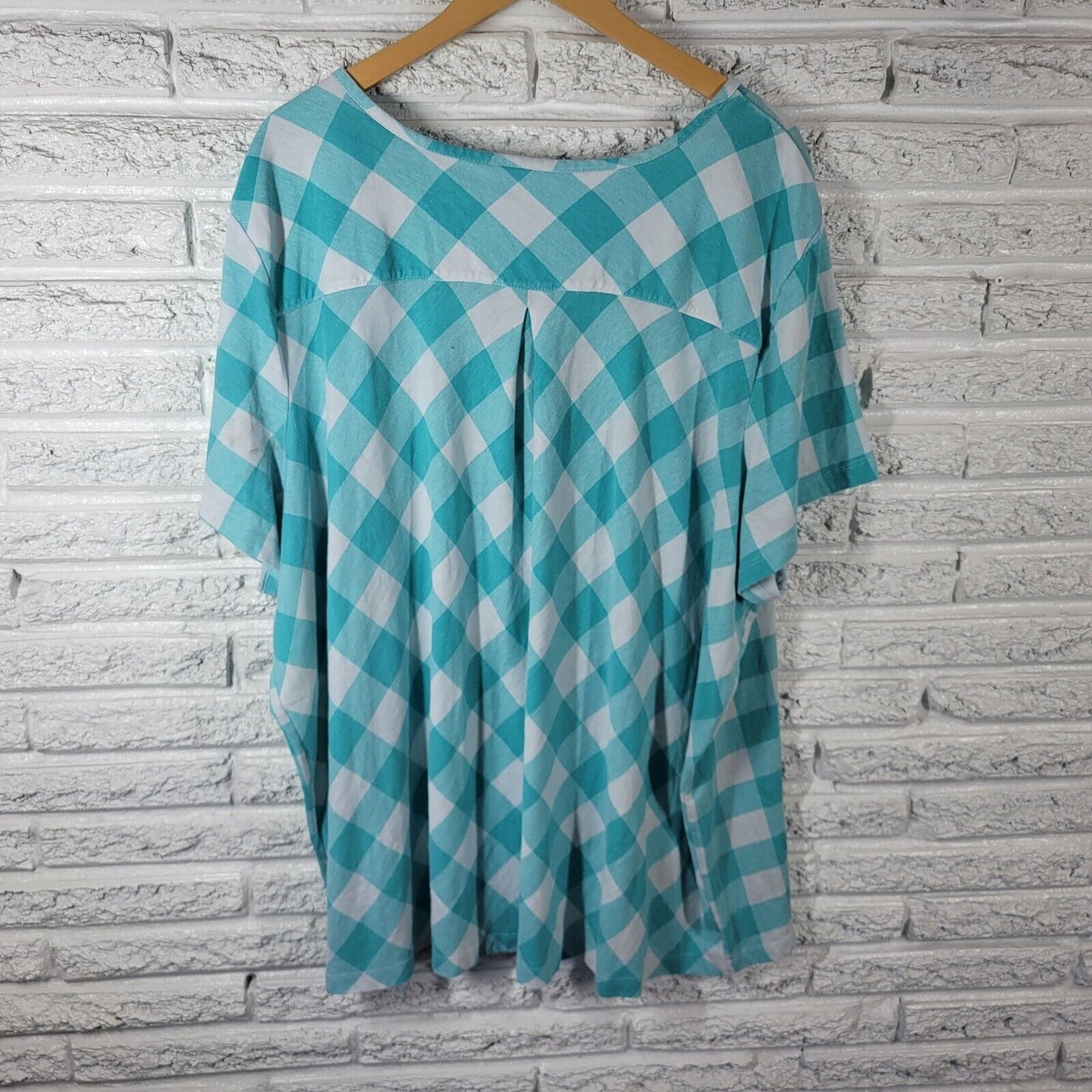 Woman Within Womens Top 4X Short Sleeve Blue Plaid Pintuck Cotton Blend Button