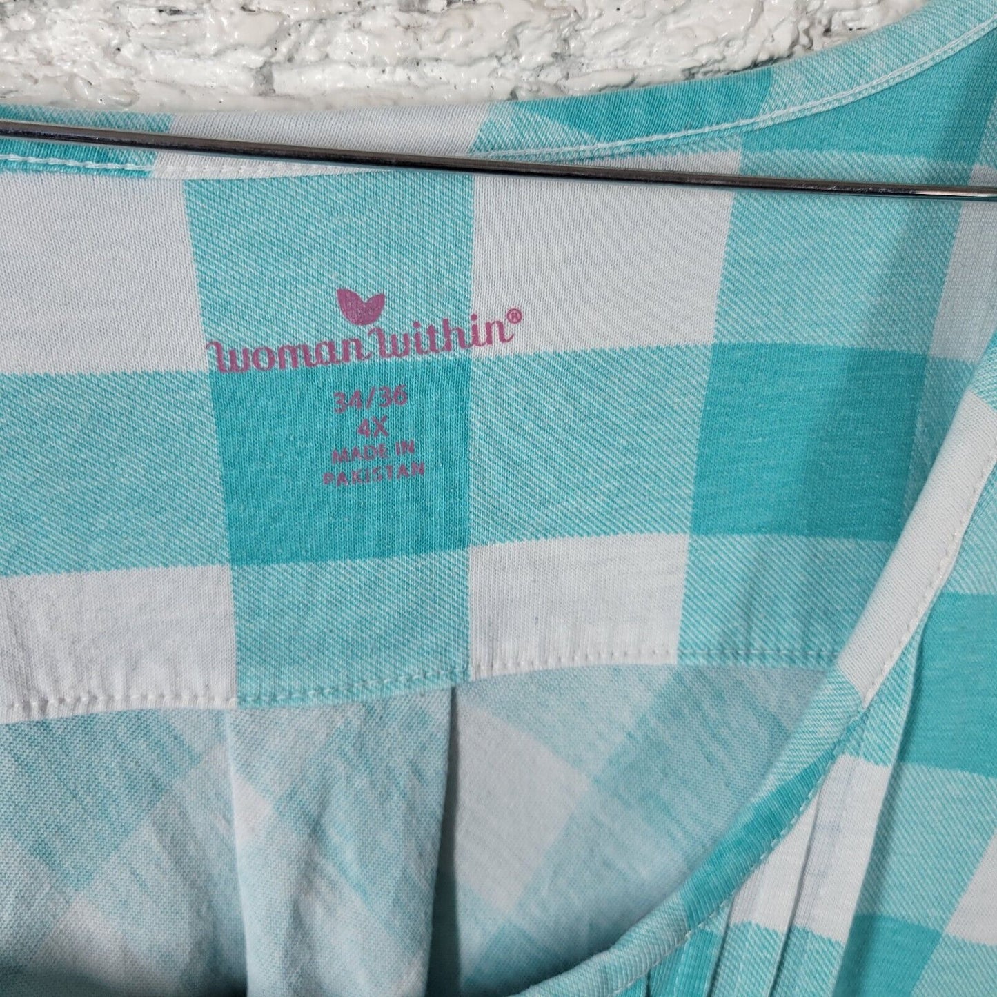 Woman Within Womens Top 4X Short Sleeve Blue Plaid Pintuck Cotton Blend Button