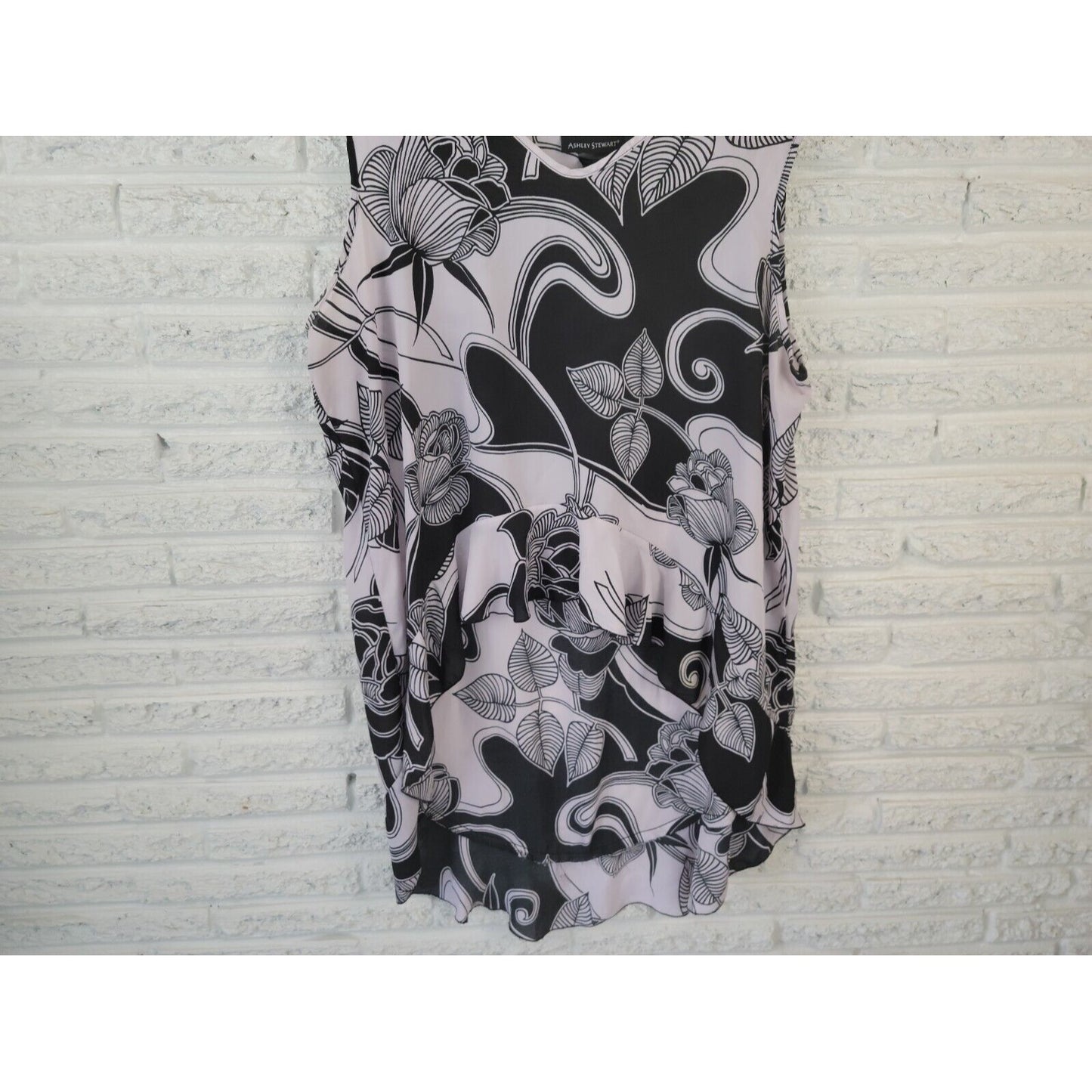 Ashley Stewart Women Top 22 24 Plus Tunic High Low Waterfall Black Floral Casual