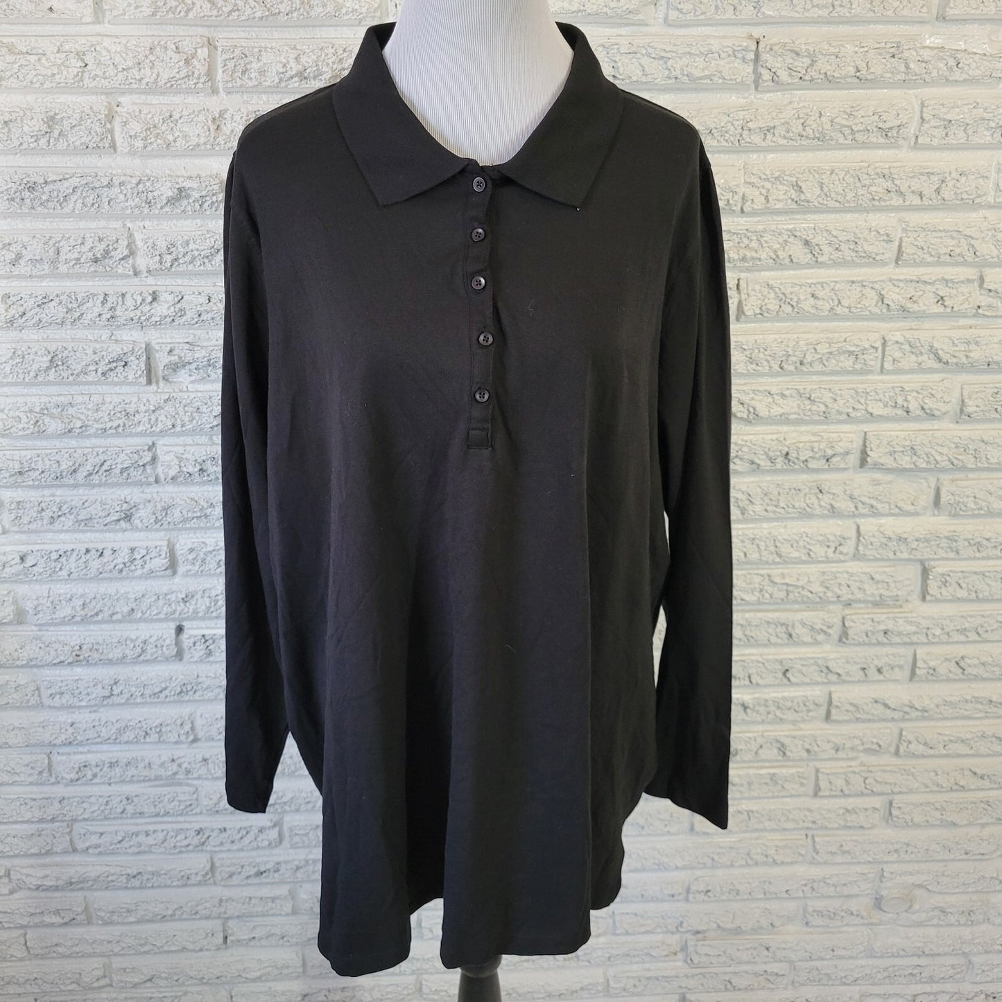 Roamans Womens Top 2X Plus Polo Long Sleeve Black Cotton Collar Casual Comfy