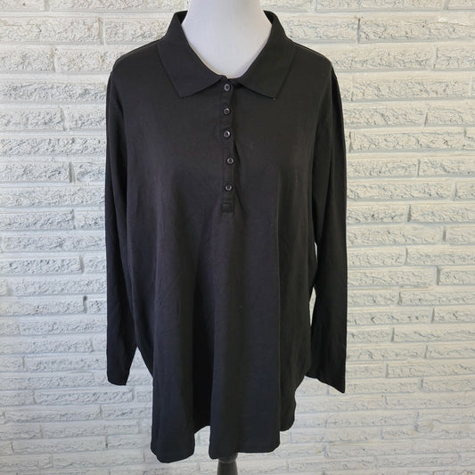 Roamans Womens Top 2X Plus Polo Long Sleeve Black Cotton Collar Casual Comfy