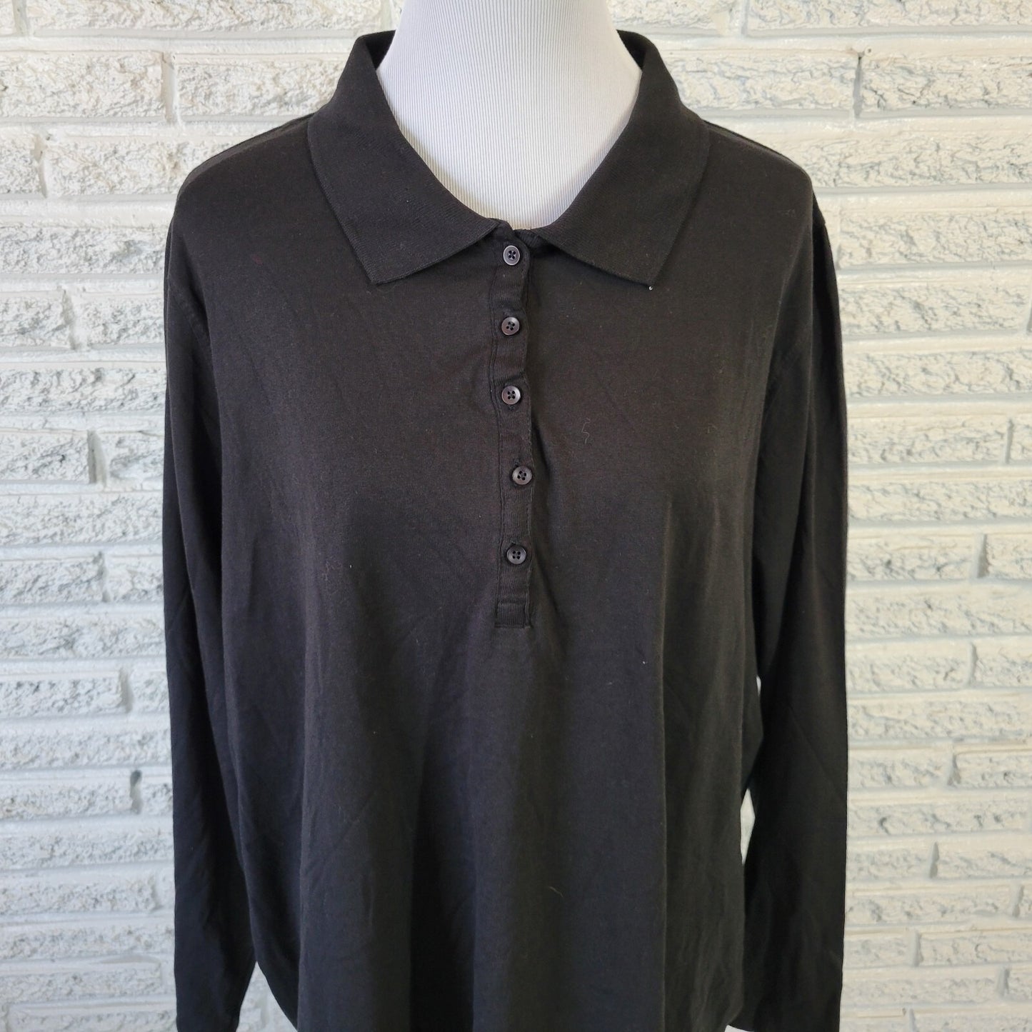 Roamans Womens Top 2X Plus Polo Long Sleeve Black Cotton Collar Casual Comfy