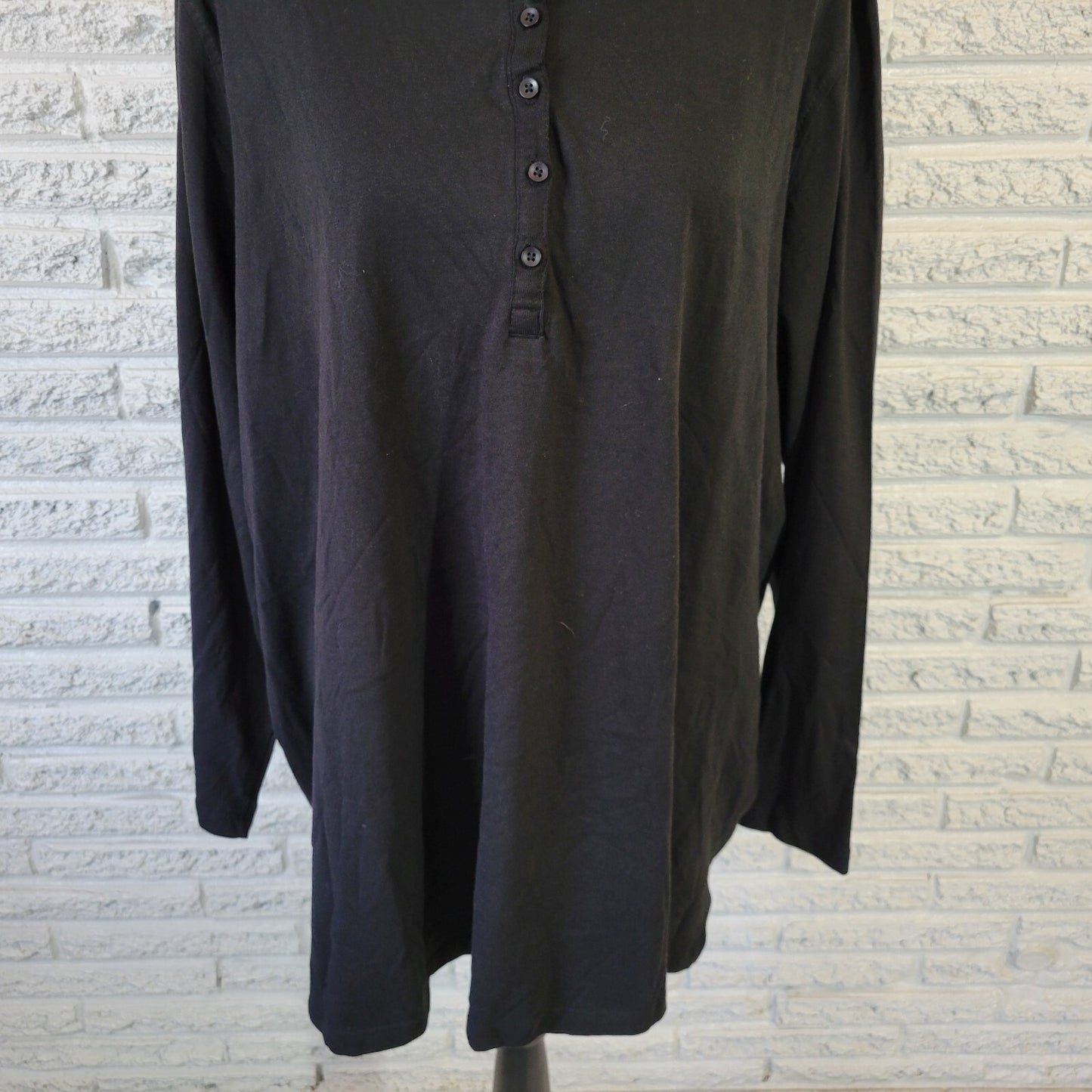 Roamans Womens Top 2X Plus Polo Long Sleeve Black Cotton Collar Casual Comfy