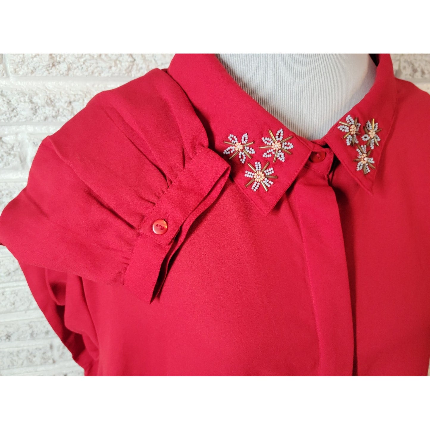 Woman Within Women Blouse 3X Plus Collar Button Up Red Beaded Sheer Career Party
