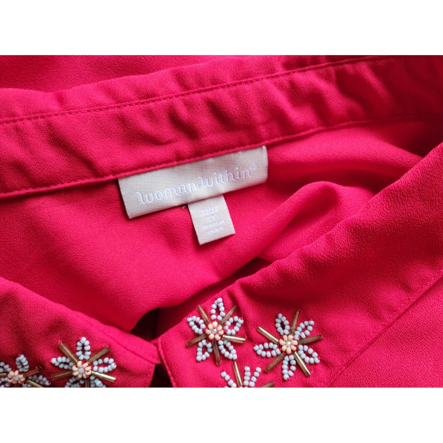 Woman Within Women Blouse 3X Plus Collar Button Up Red Beaded Sheer Career Party