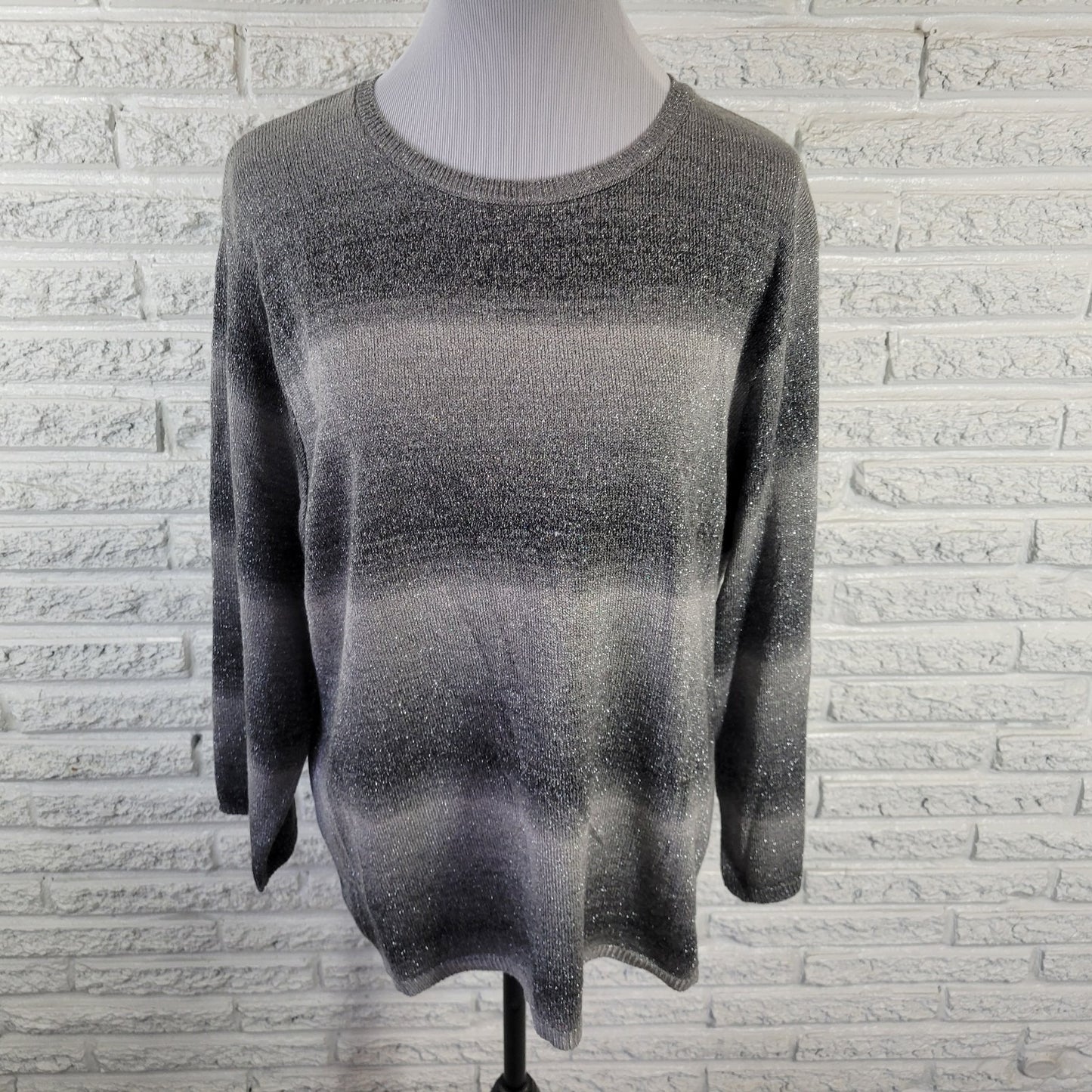 Alfred Dunner Sweater 2X Party Sparkle Gray Black Stripe Metallic