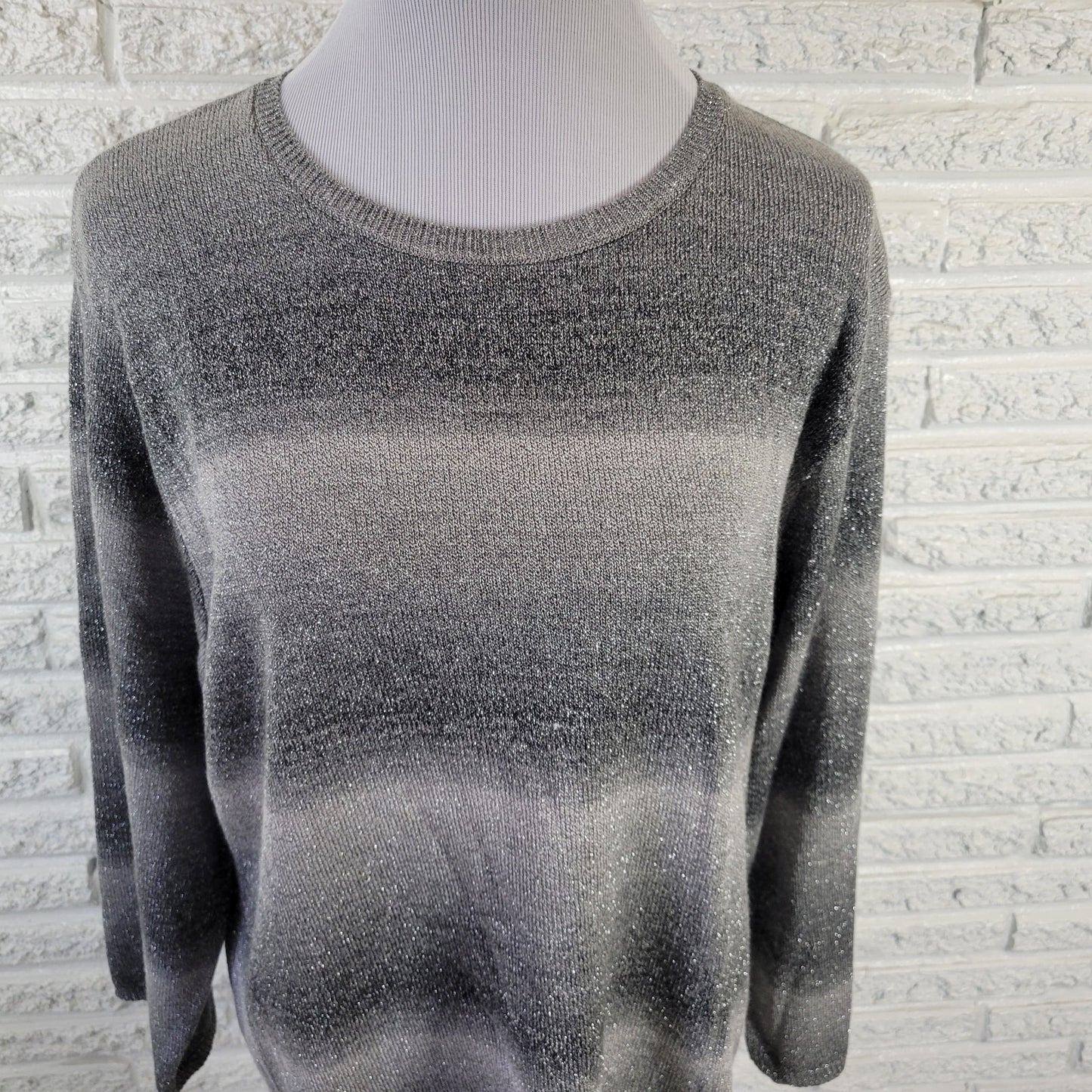 Alfred Dunner Sweater 2X Party Sparkle Gray Black Stripe Metallic