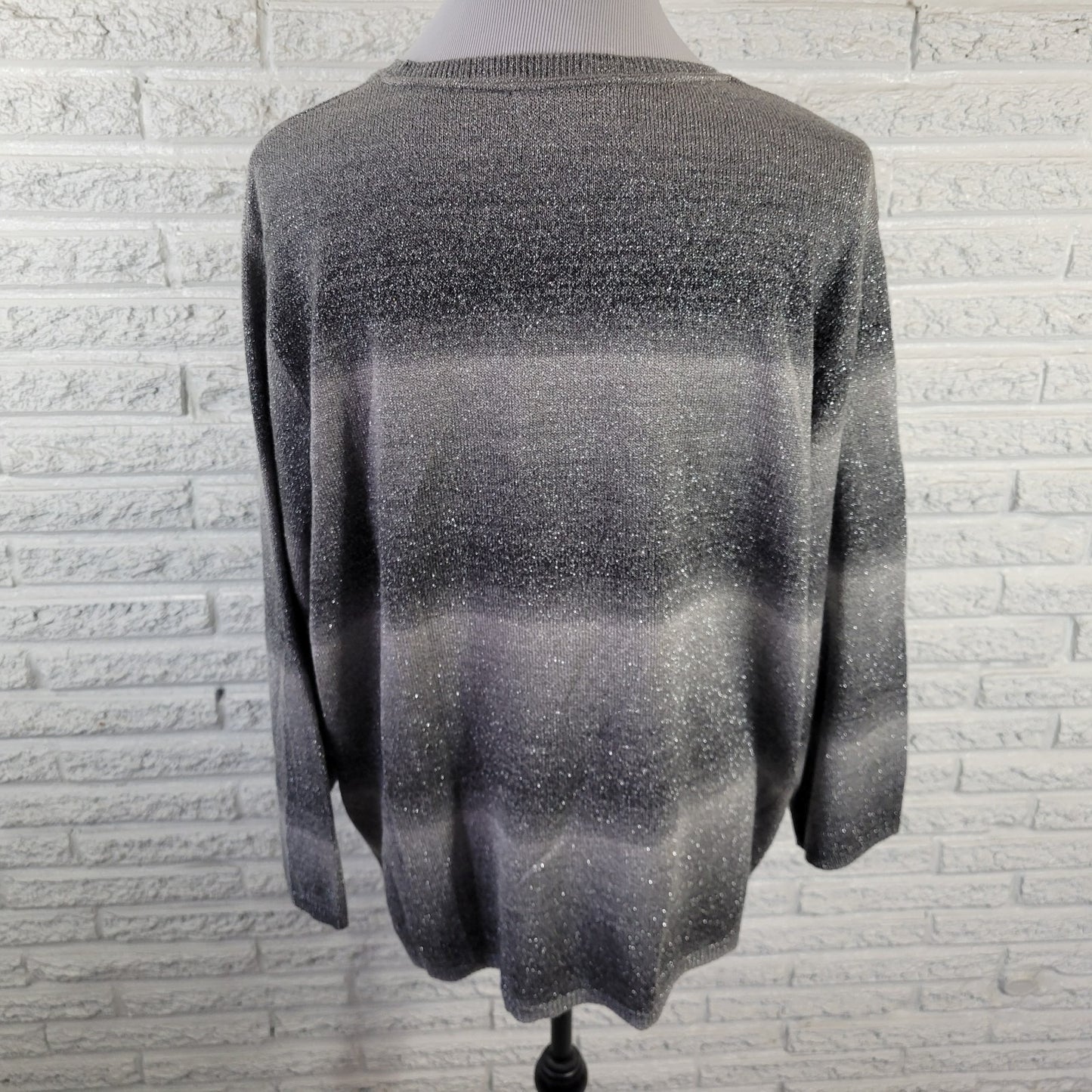 Alfred Dunner Sweater 2X Party Sparkle Gray Black Stripe Metallic