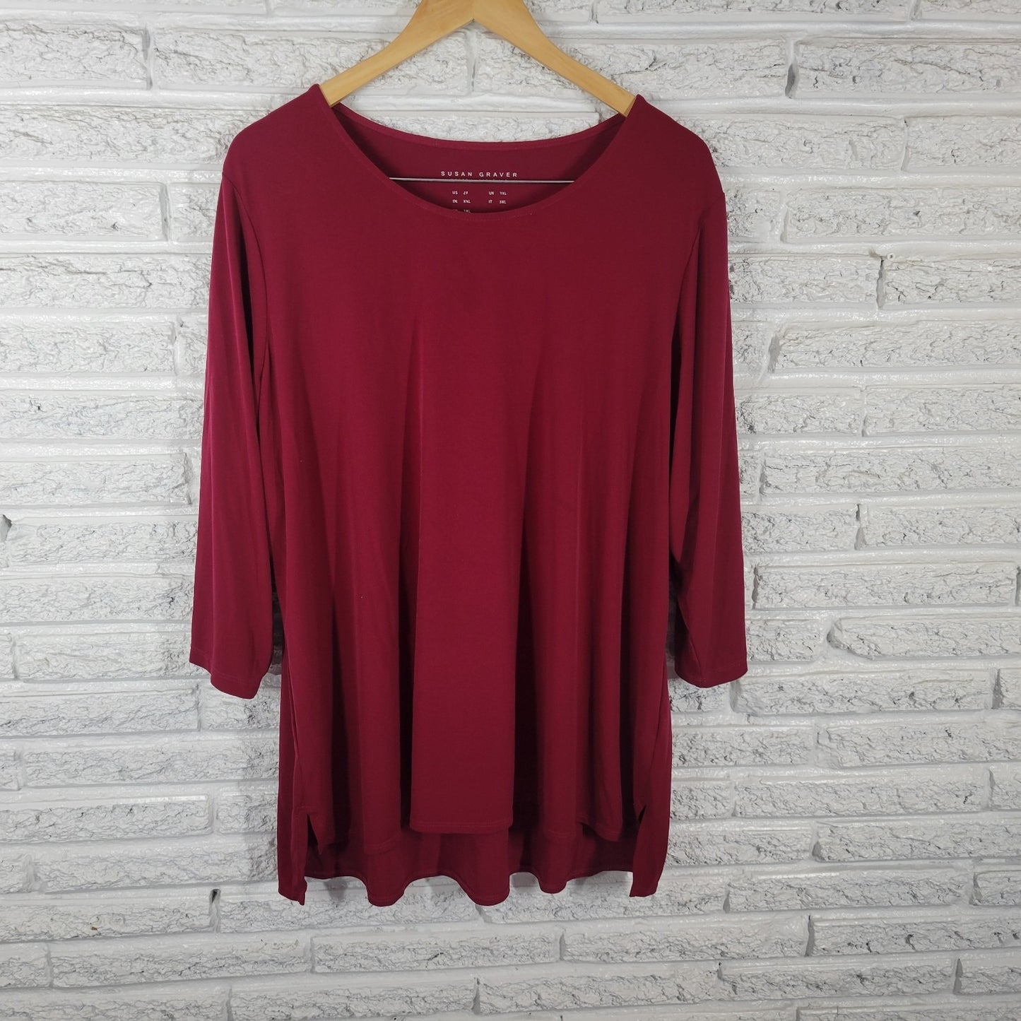 Susan Graver QVC Womens Top 2X Plus 3/4 Sleeve Burgundy Poly Blend Modern Office