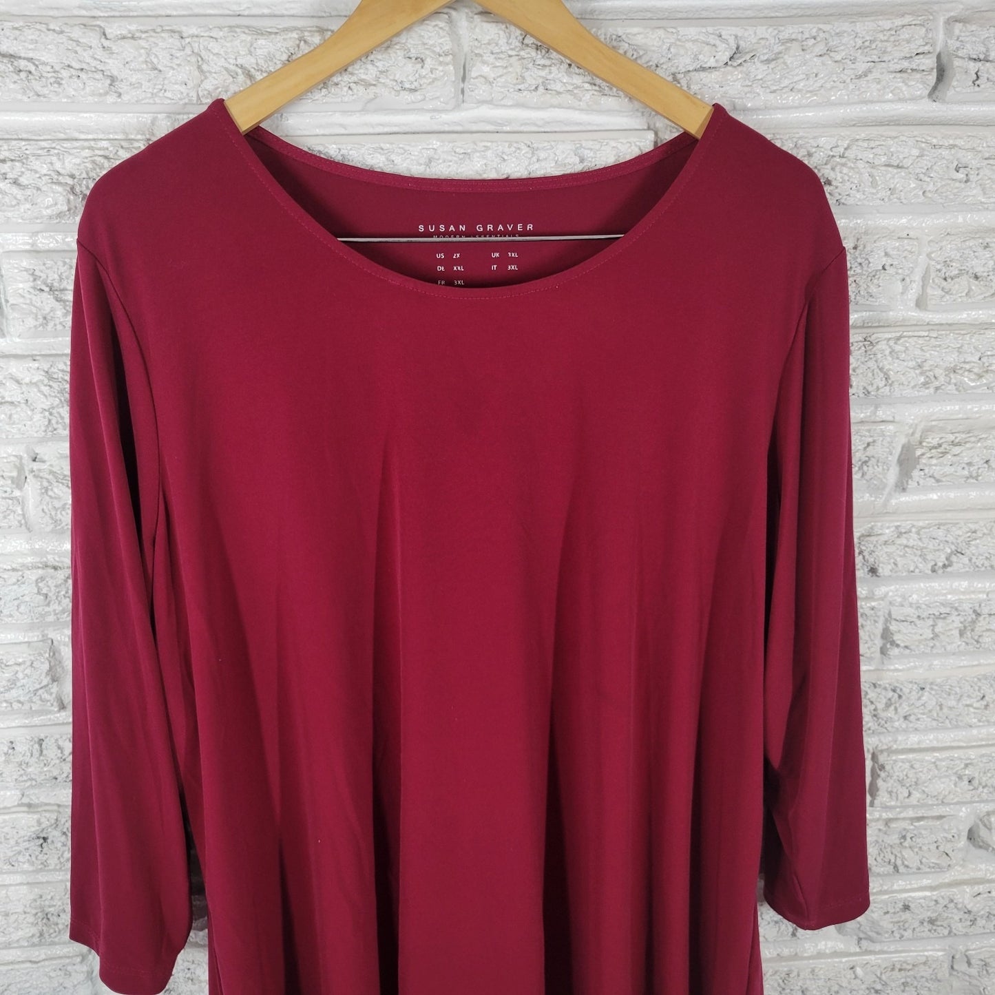 Susan Graver QVC Womens Top 2X Plus 3/4 Sleeve Burgundy Poly Blend Modern Office