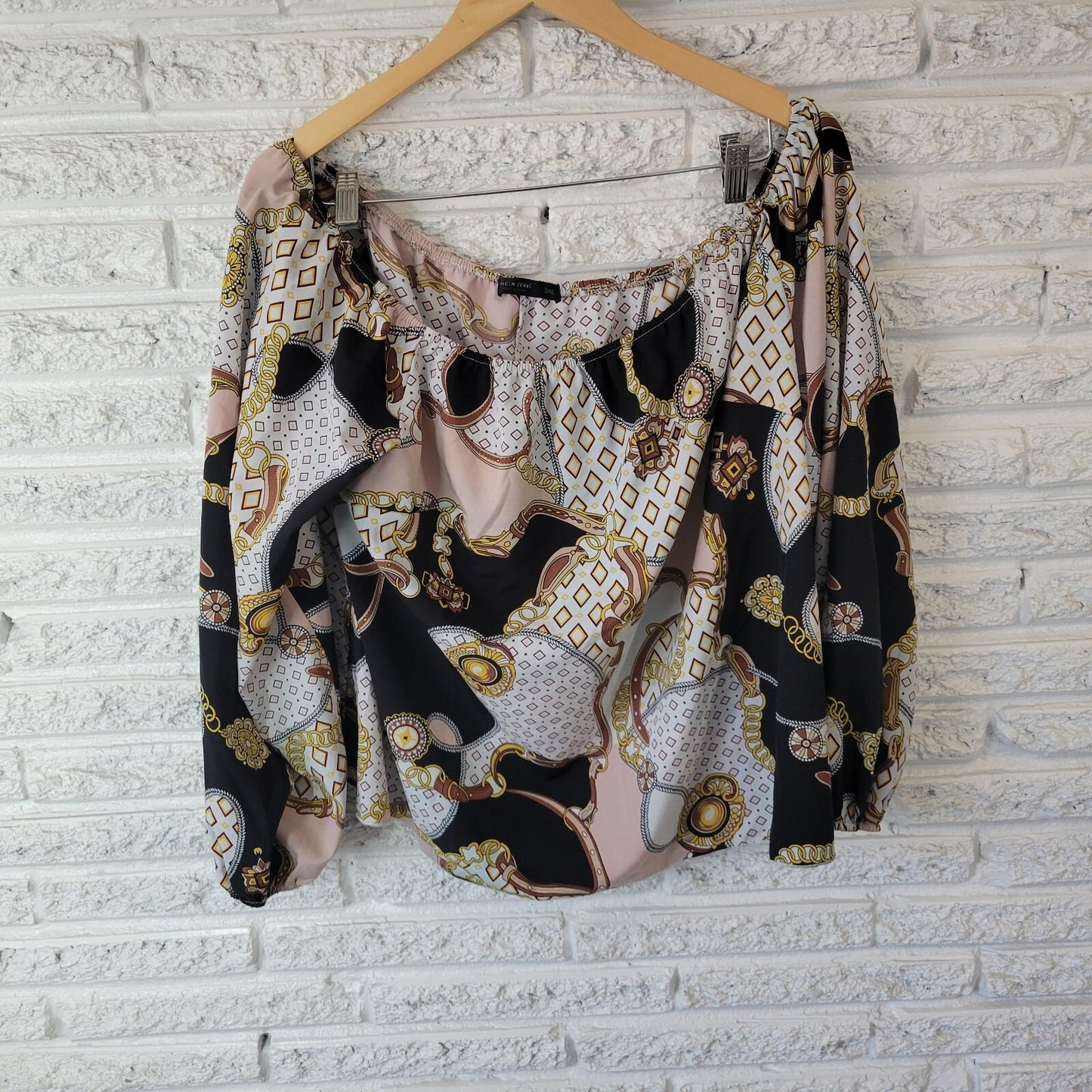 Shein Curve Women's 3XL Top Gold Brown Abstract Geometric Off Shoulder Crop