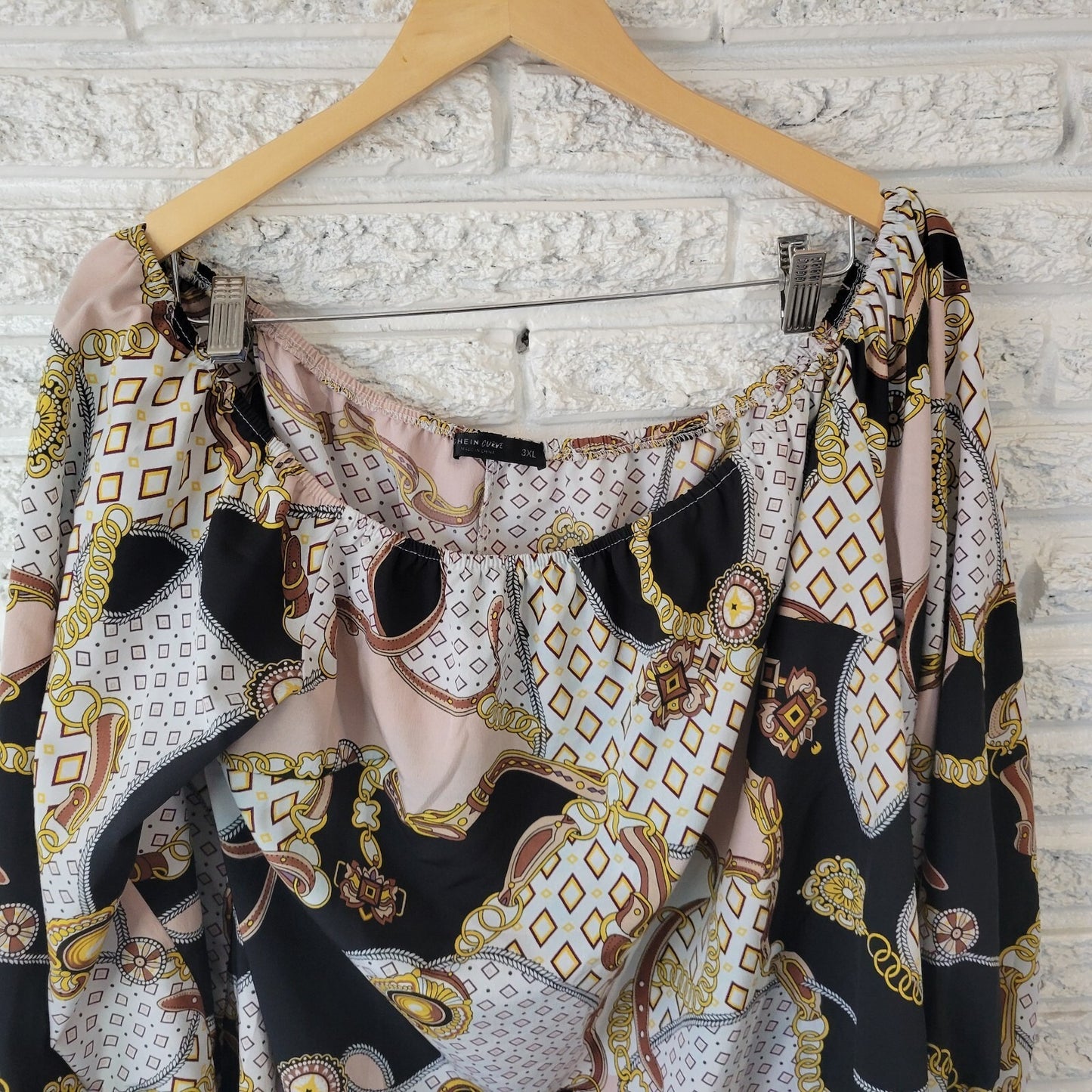 Shein Curve Women's 3XL Top Gold Brown Abstract Geometric Off Shoulder Crop