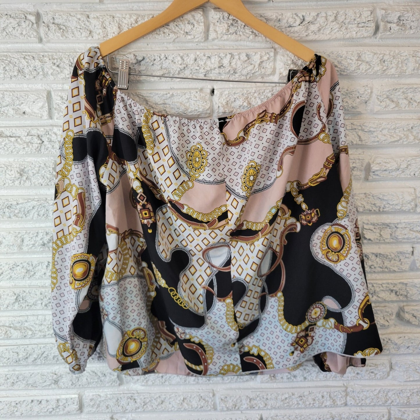 Shein Curve Women's 3XL Top Gold Brown Abstract Geometric Off Shoulder Crop