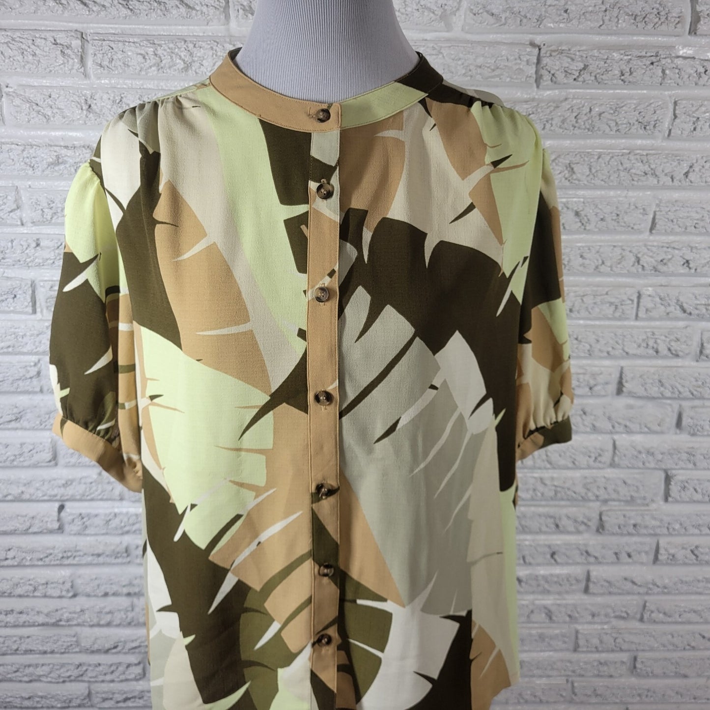 Worthington Womens Top 2X Plus Puff Sleeve Brown Geometric Polyester Semi Sheer