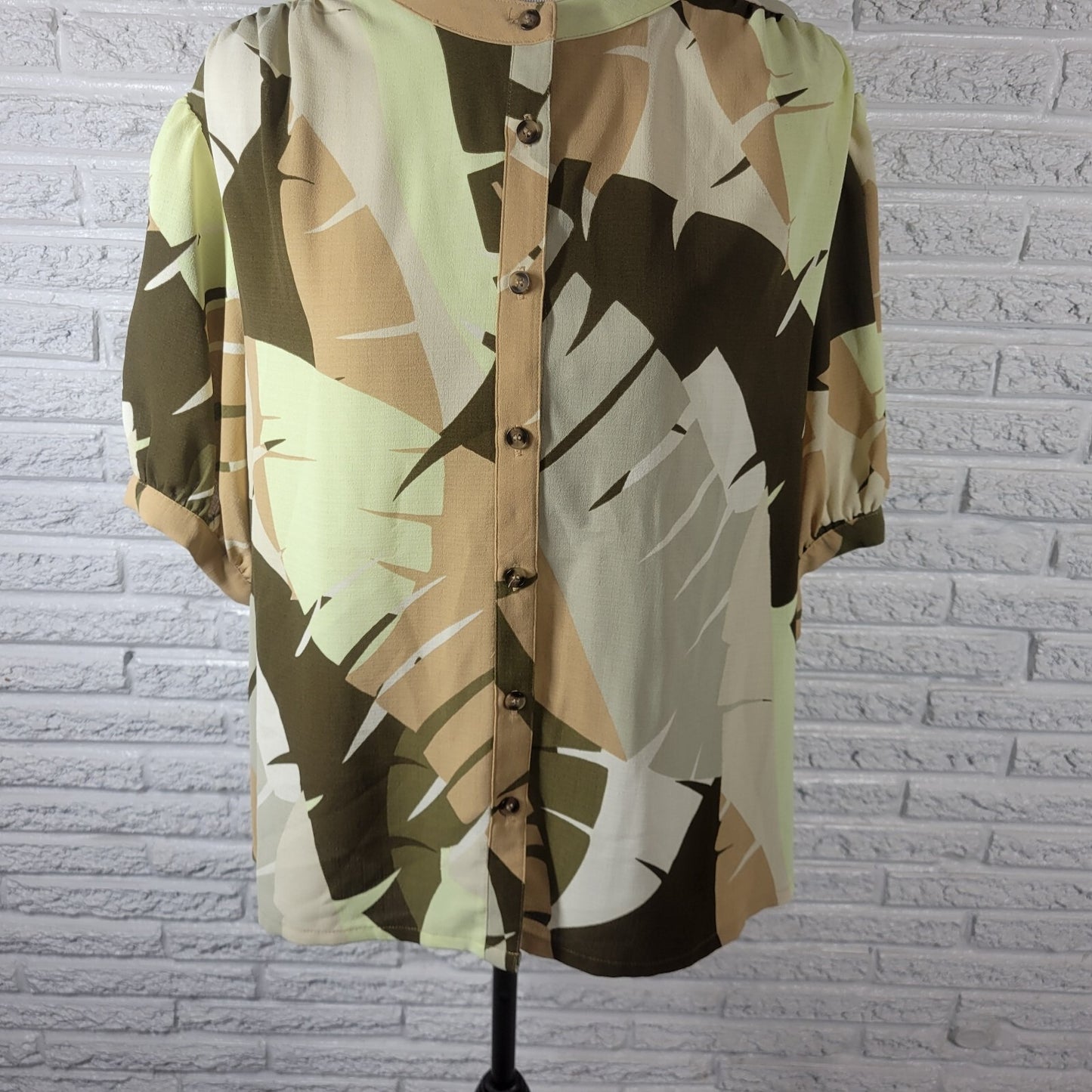 Worthington Womens Top 2X Plus Puff Sleeve Brown Geometric Polyester Semi Sheer