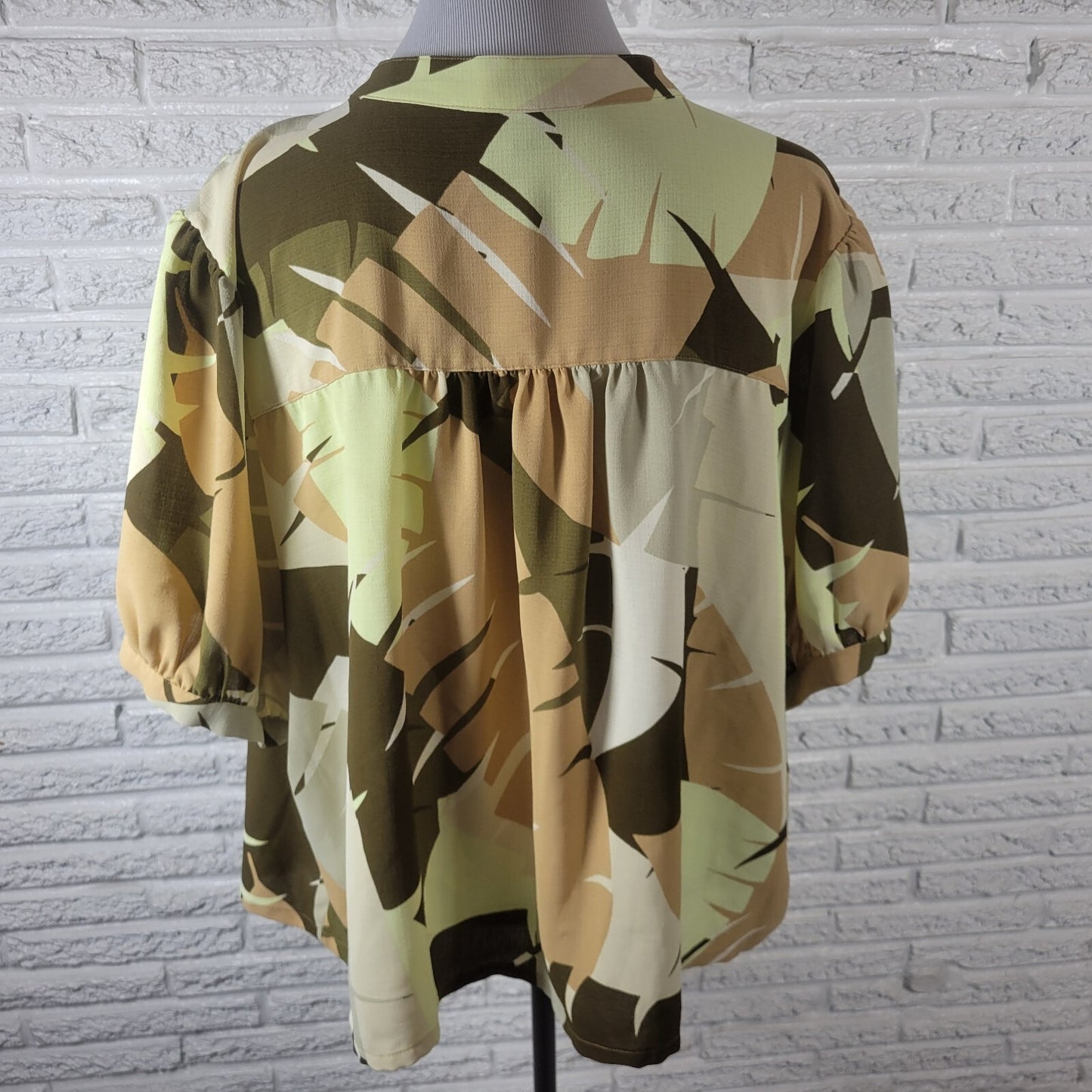 Worthington Womens Top 2X Plus Puff Sleeve Brown Geometric Polyester Semi Sheer