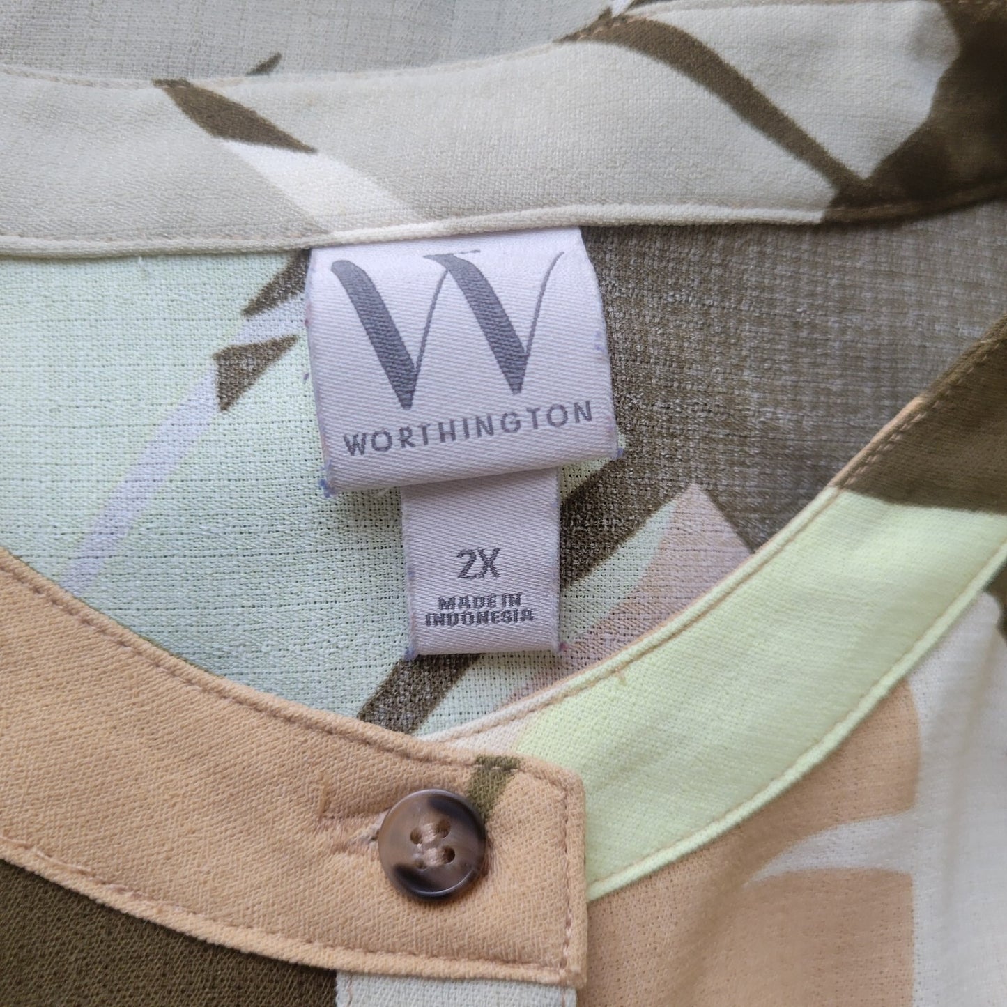 Worthington Womens Top 2X Plus Puff Sleeve Brown Geometric Polyester Semi Sheer