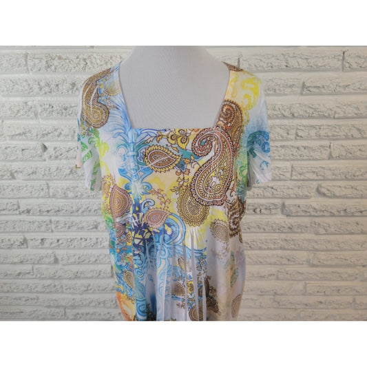 Only Nine Womens Top 2X Plus Tee Short Sleeve Polyester Laser Cut Blue Paisley