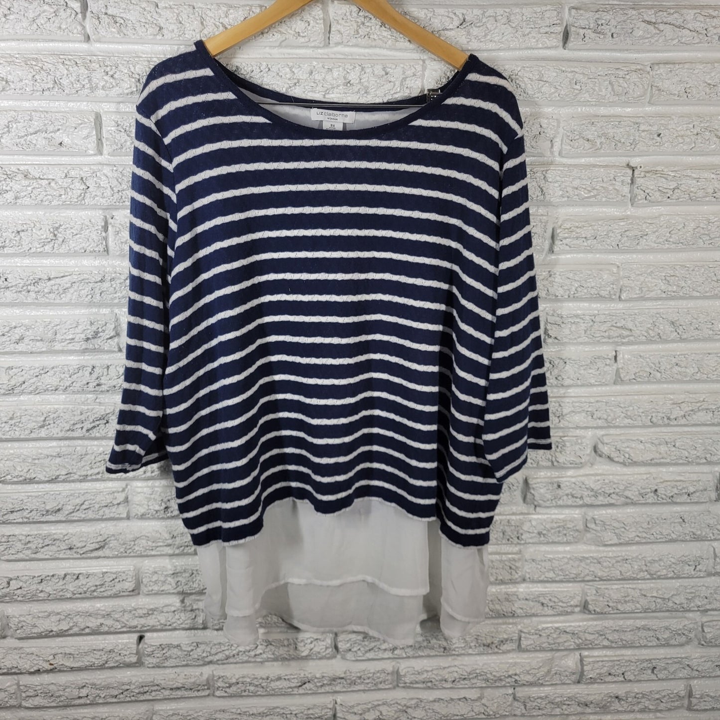 Liz Claiborne Womens Top 3X Plus Knit 3/4 Sleeve Lined Blue Stripe Chiffon Hem