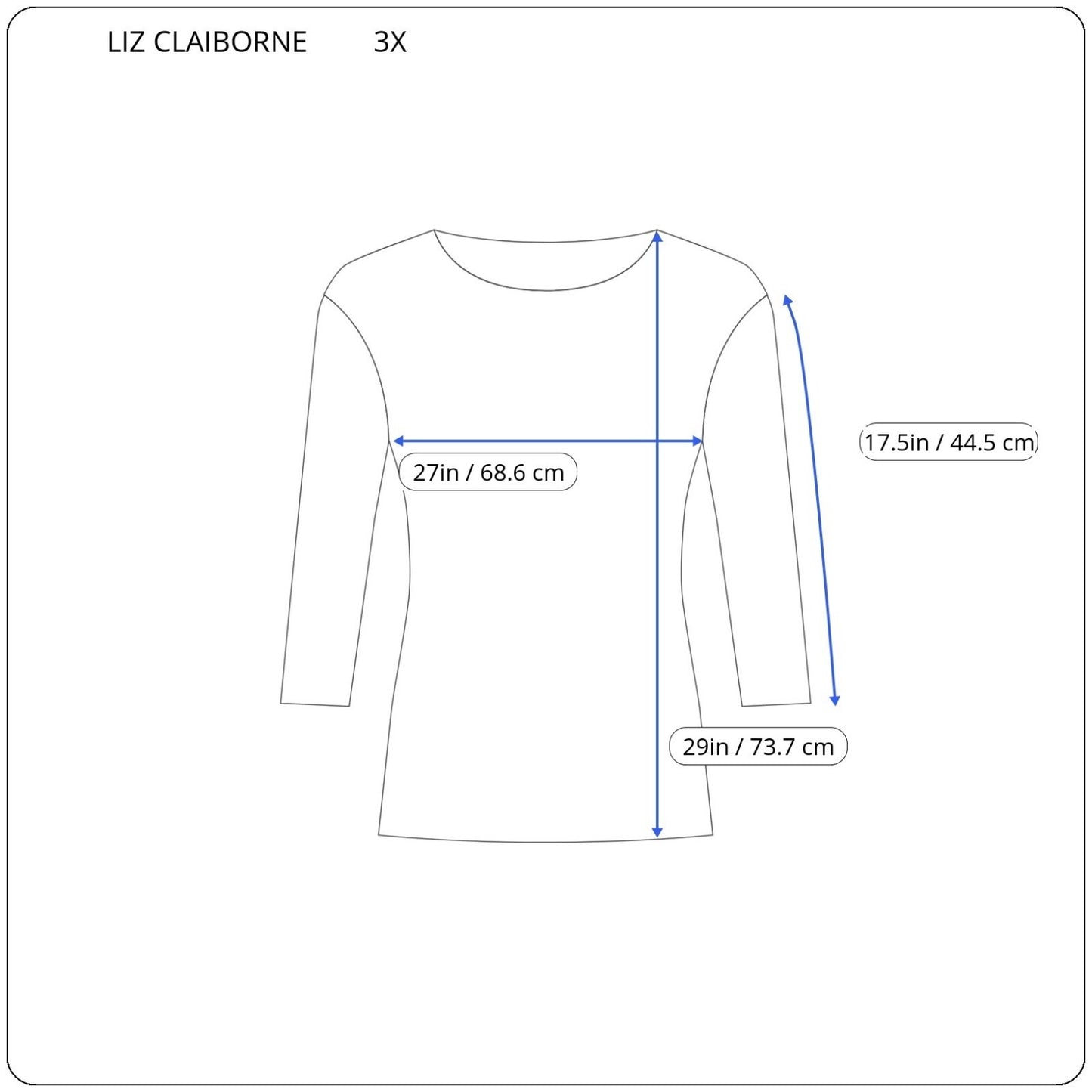 Liz Claiborne Womens Top 3X Plus Knit 3/4 Sleeve Lined Blue Stripe Chiffon Hem