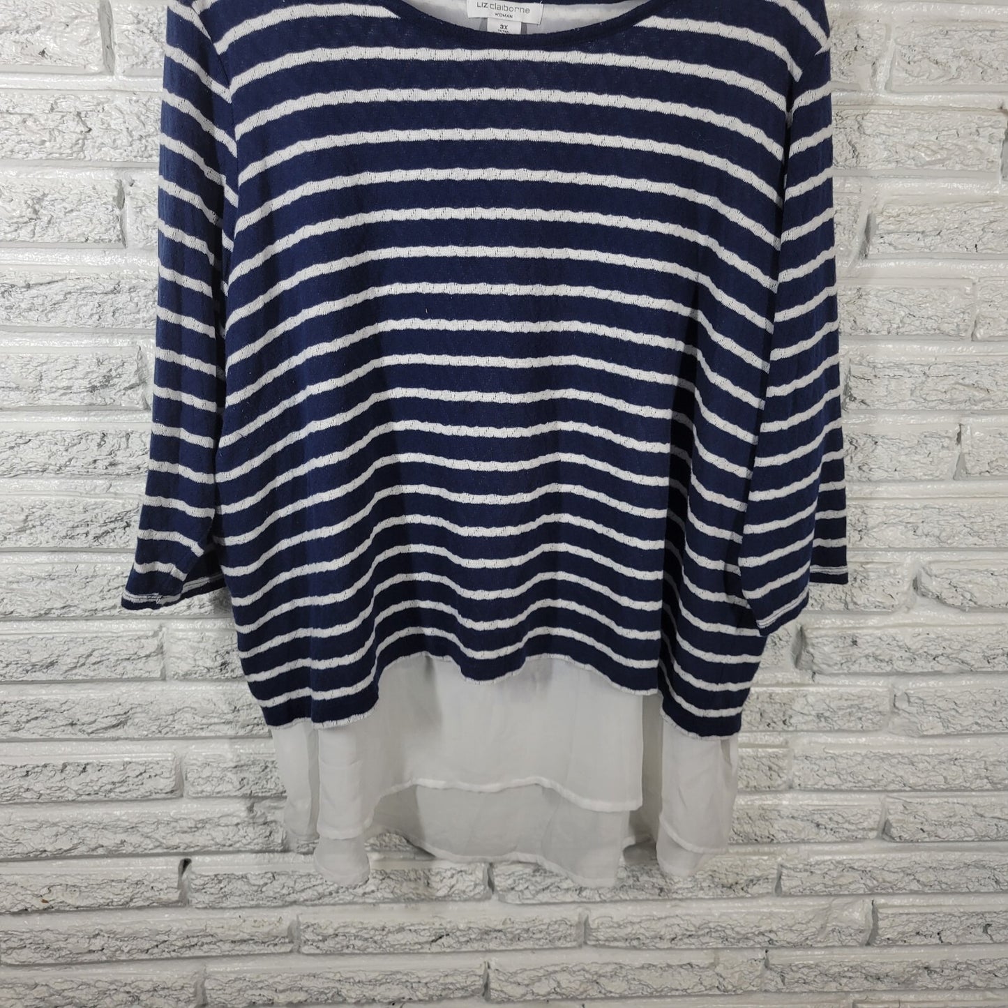 Liz Claiborne Womens Top 3X Plus Knit 3/4 Sleeve Lined Blue Stripe Chiffon Hem