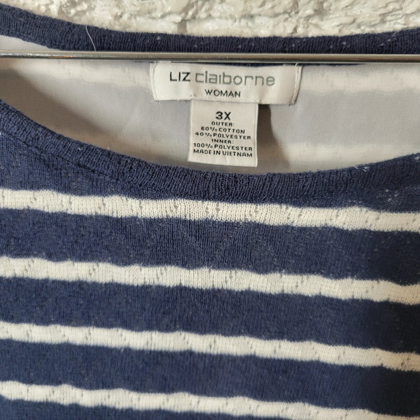 Liz Claiborne Womens Top 3X Plus Knit 3/4 Sleeve Lined Blue Stripe Chiffon Hem