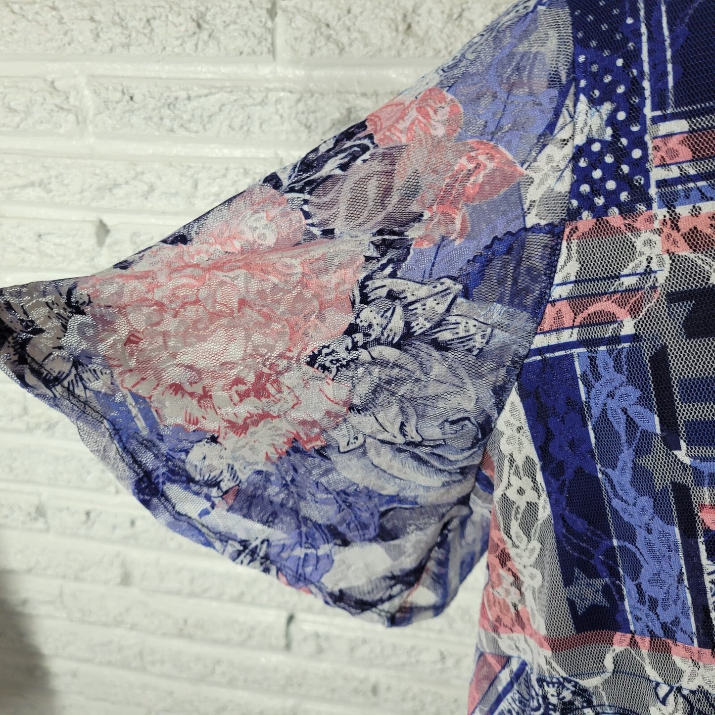 Catherines Womens Top 2X Plus Tunic Mesh Blue Pink Floral Lined Comfy Poly Blend