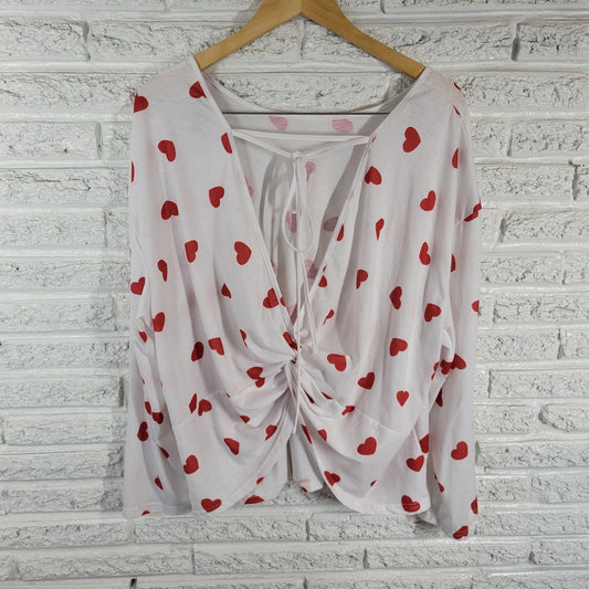 Shein Plus Size 2XL Valentines White Open Front Lace Up Blouse Long Sleeve Top