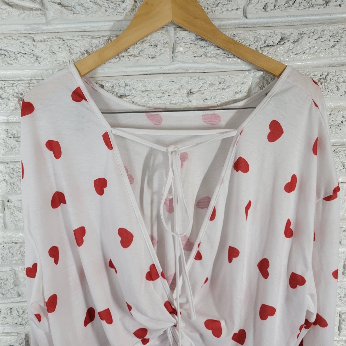 Shein Plus Size 2XL Valentines White Open Front Lace Up Blouse Long Sleeve Top