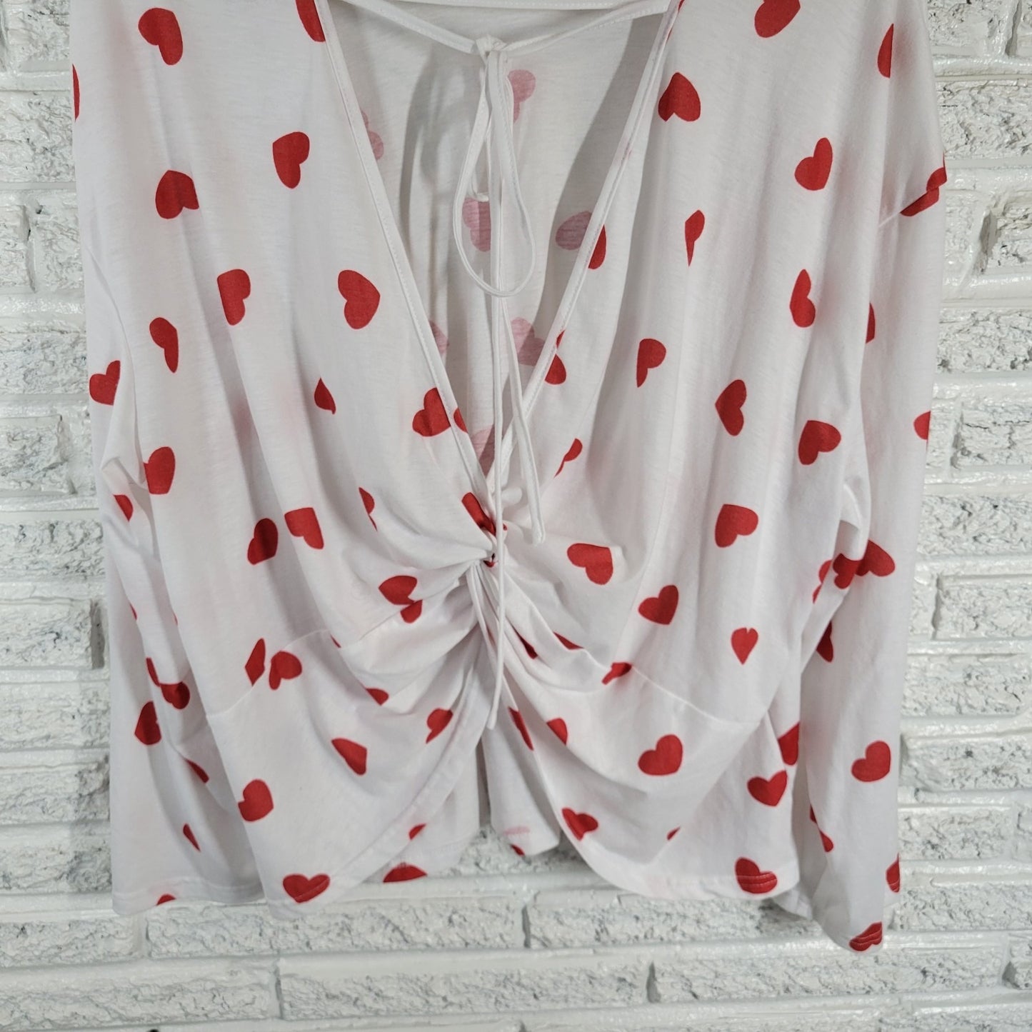 Shein Plus Size 2XL Valentines White Open Front Lace Up Blouse Long Sleeve Top